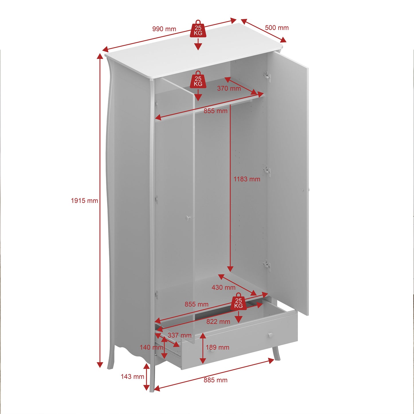 Cote | Furniture Baroque Wardrobe 2 Door, 1 Drawer - Grey  Baroque, Wardrobes 1013761040072