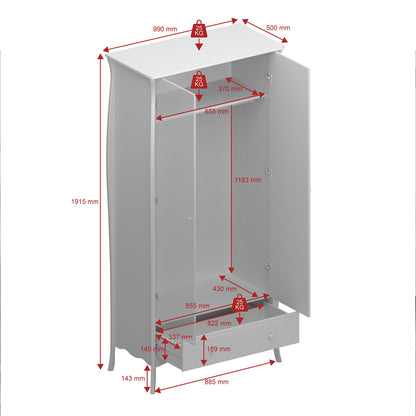 Cote | Furniture Baroque Wardrobe 2 Door, 1 Drawer - Grey  Baroque, Wardrobes 1013761040072