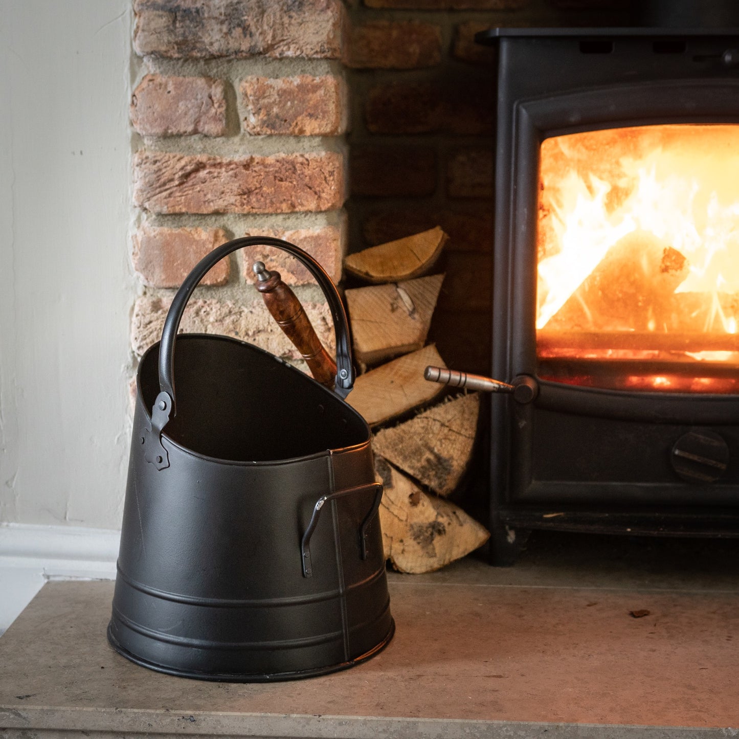 Coal Bucket with Teak Handle Shovel - Black 11212 Hill Interiors Fireplace Accessories Cote Furniture