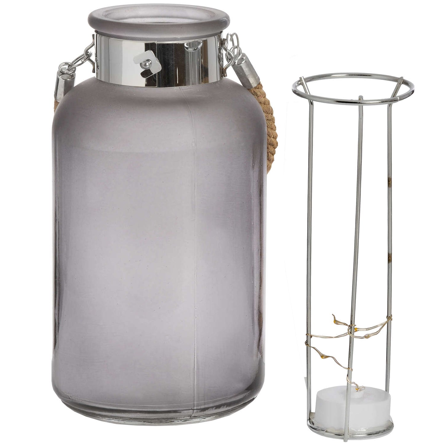 Lantern with Rope Detail and LED - Frosted Grey Glass  17201 Hill Interiors Lanterns Cote Furniture