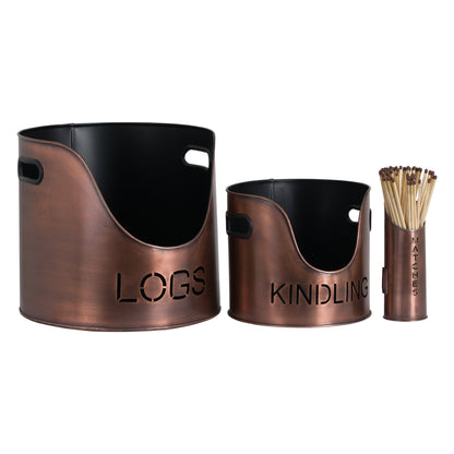 Logs And Kindling Buckets & Matchstick Holder - Copper Finish  19141 Hill Interiors Fireplace Accessories Cote Furniture