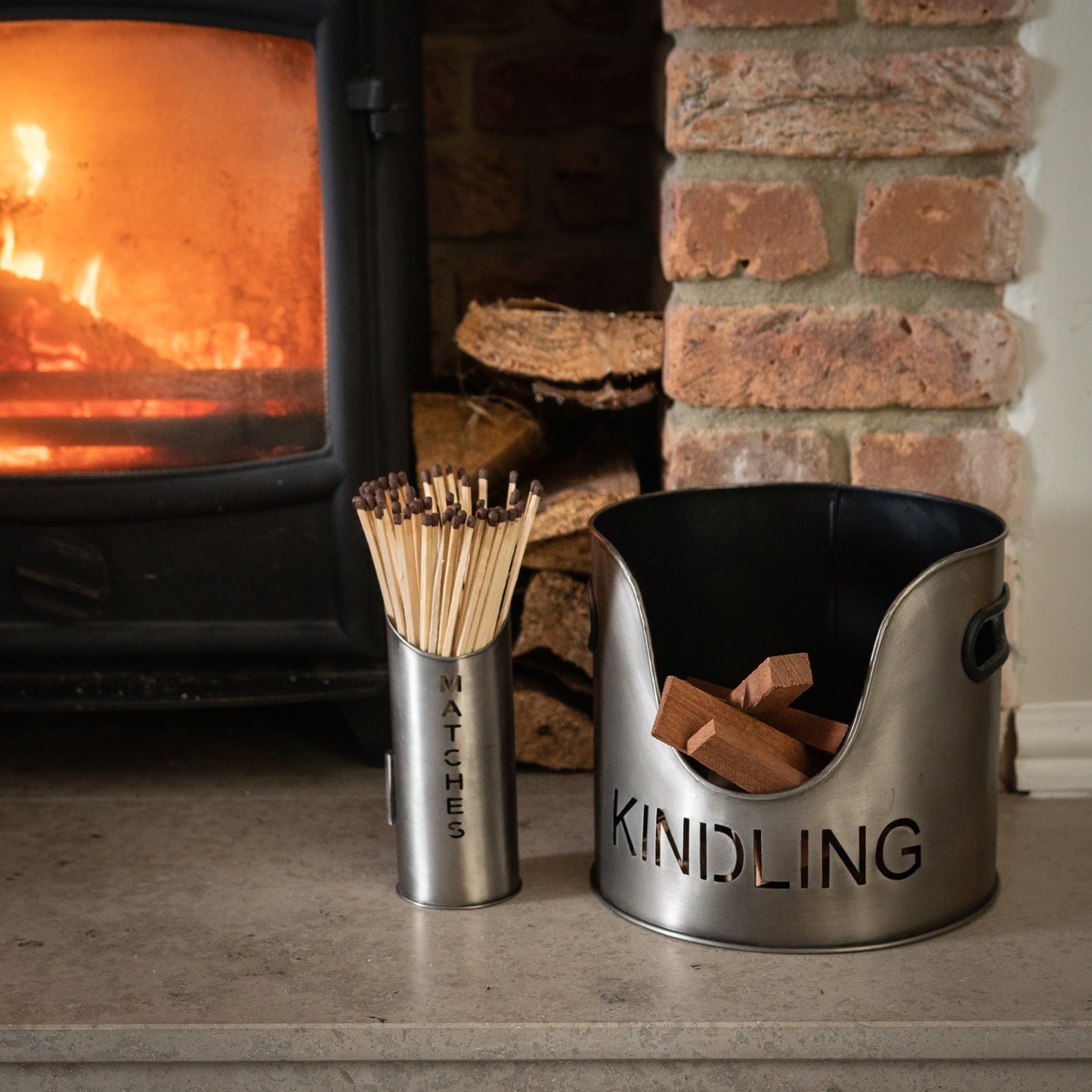 Logs And Kindling Buckets & Matchstick Holder - Pewter Finish  19142 Hill Interiors Fireplace Accessories Cote Furniture