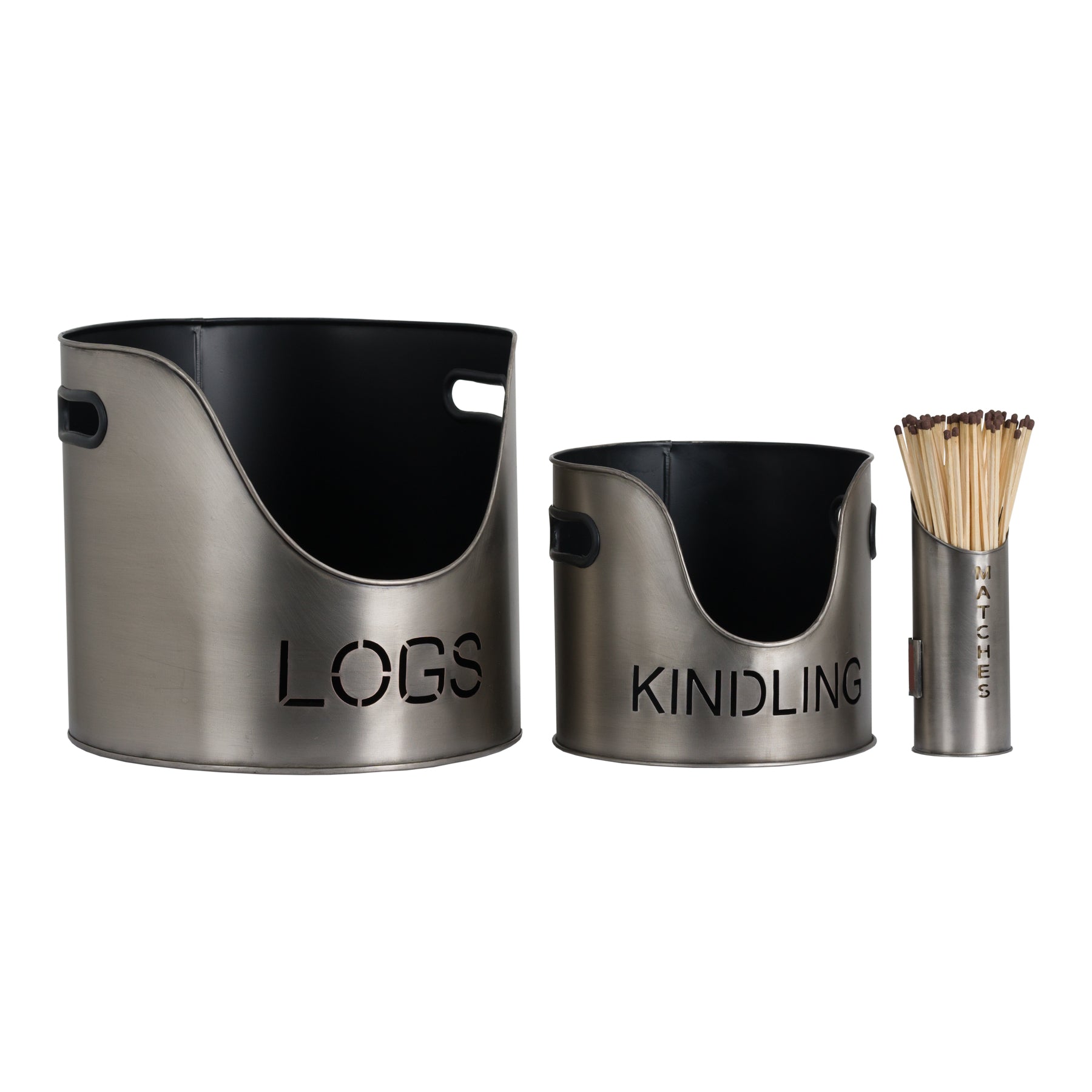 Logs And Kindling Buckets & Matchstick Holder - Pewter Finish  19142 Hill Interiors Fireplace Accessories Cote Furniture