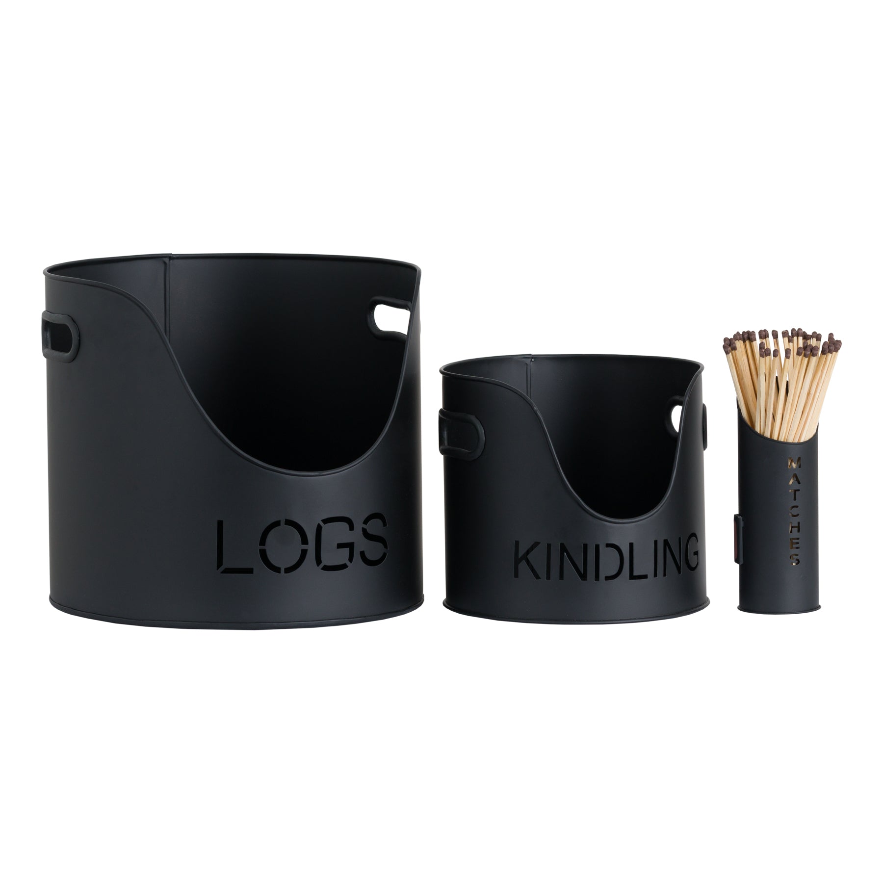 Logs And Kindling Buckets & Matchstick Holder - Black Finish  19143 Hill Interiors Fireplace Accessories Cote Furniture