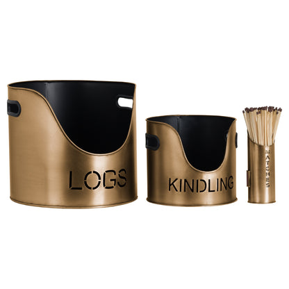 Logs And Kindling Buckets & Matchstick Holder - Bronze Finish  20050 Hill Interiors Fireplace Accessories Cote Furniture