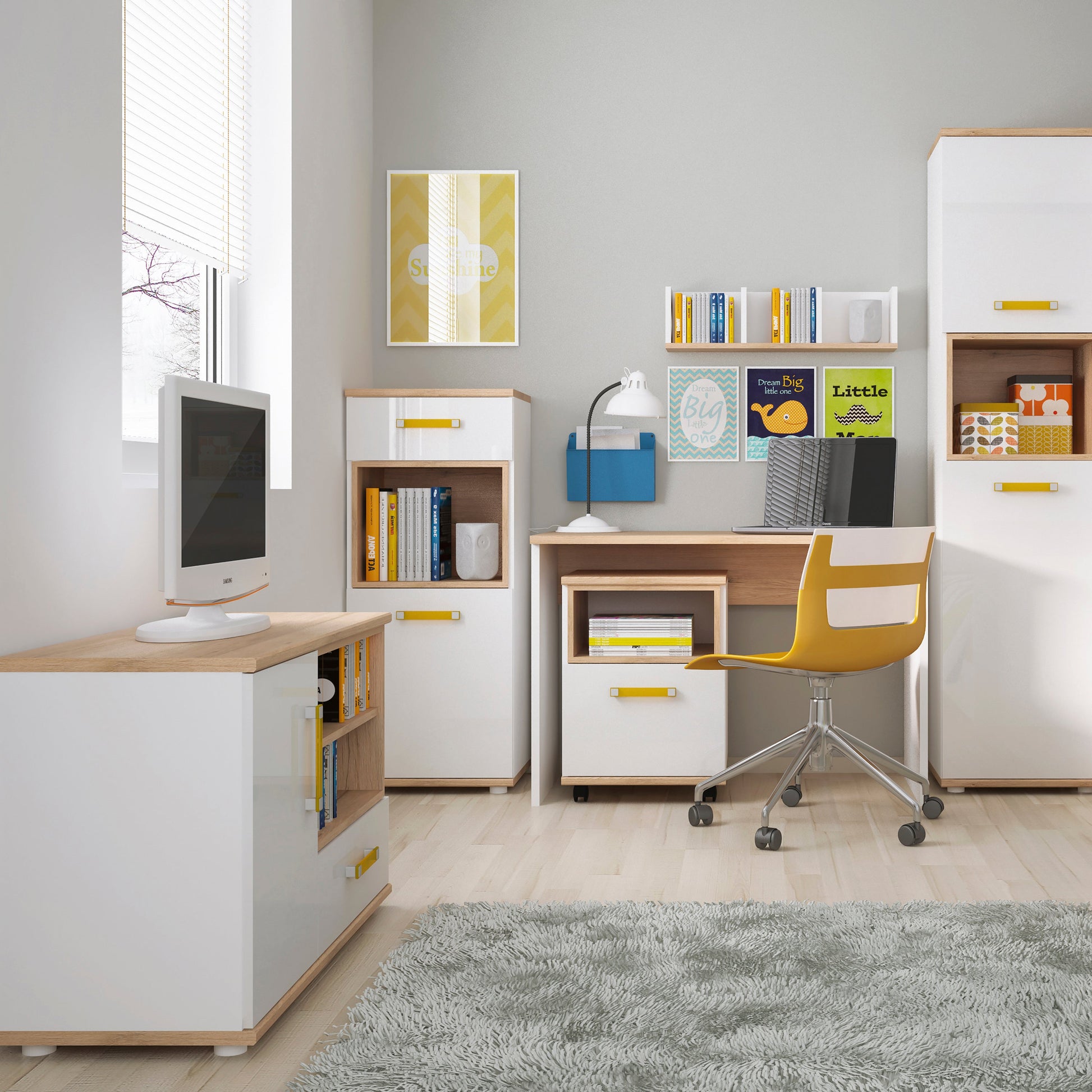 Cote | Furniture 4Kids Cabinet Tall, 1 Drawer - White (Orange Handles) 4Kids, Children's Furniture 4053344P