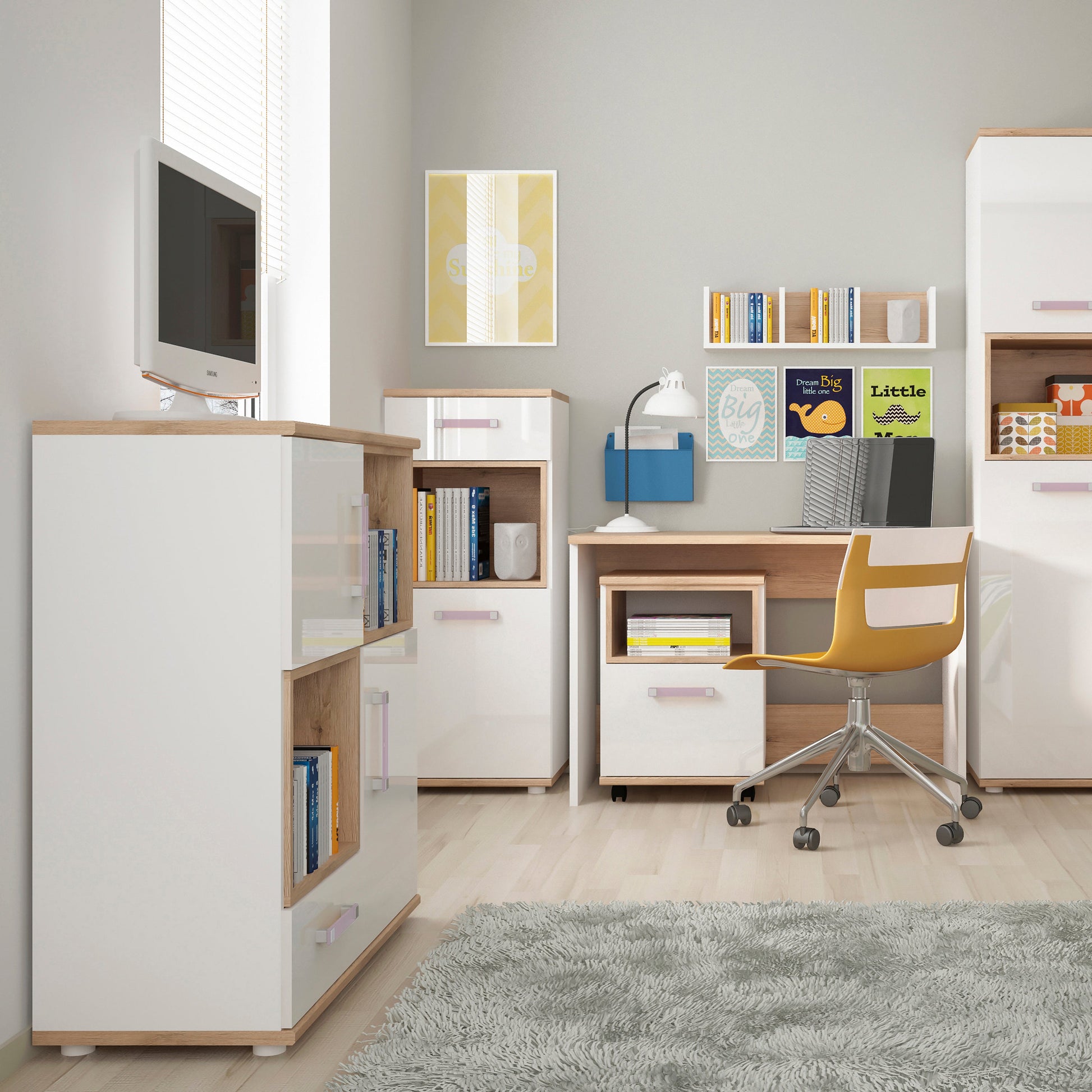 Cote | Furniture 4Kids Cupboard with 2 Open Shelves - White (Lilac Handles) 4Kids, Children's Furniture 4053640