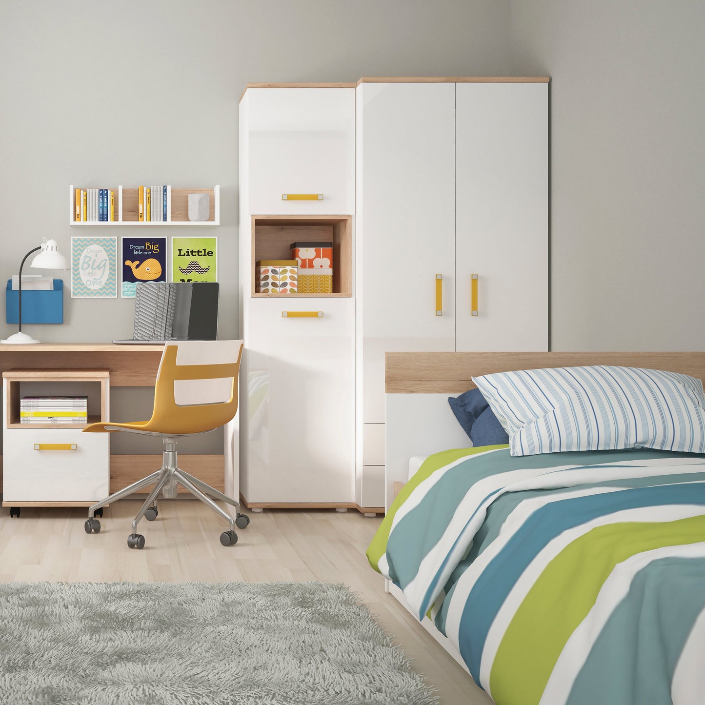 Cote | Furniture 4Kids Compact Bedside Table - White (Orange Handles) 4Kids, Children's Furniture 4059544P