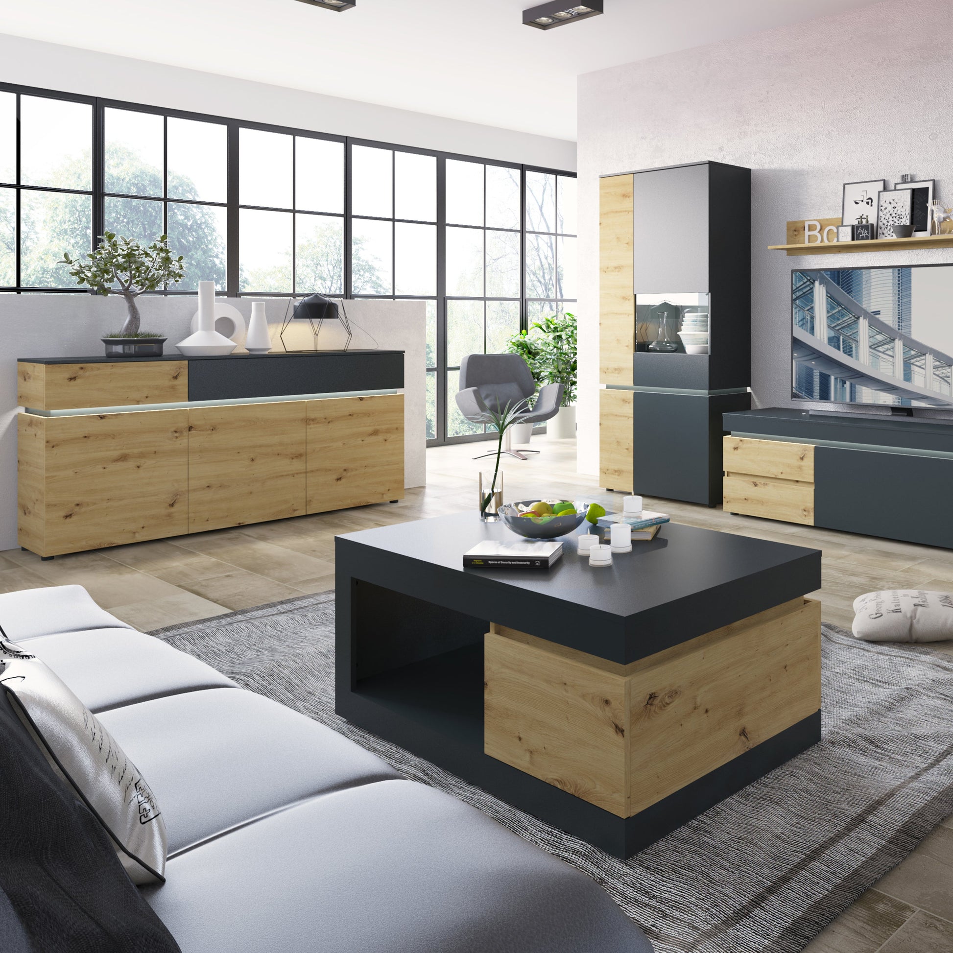 Cote | Furniture Luci Sideboard, 3 Door + 2 Drawer (Inc LED Lighting) - Platinum & Oak Luci Dark, Sideboards 4390671