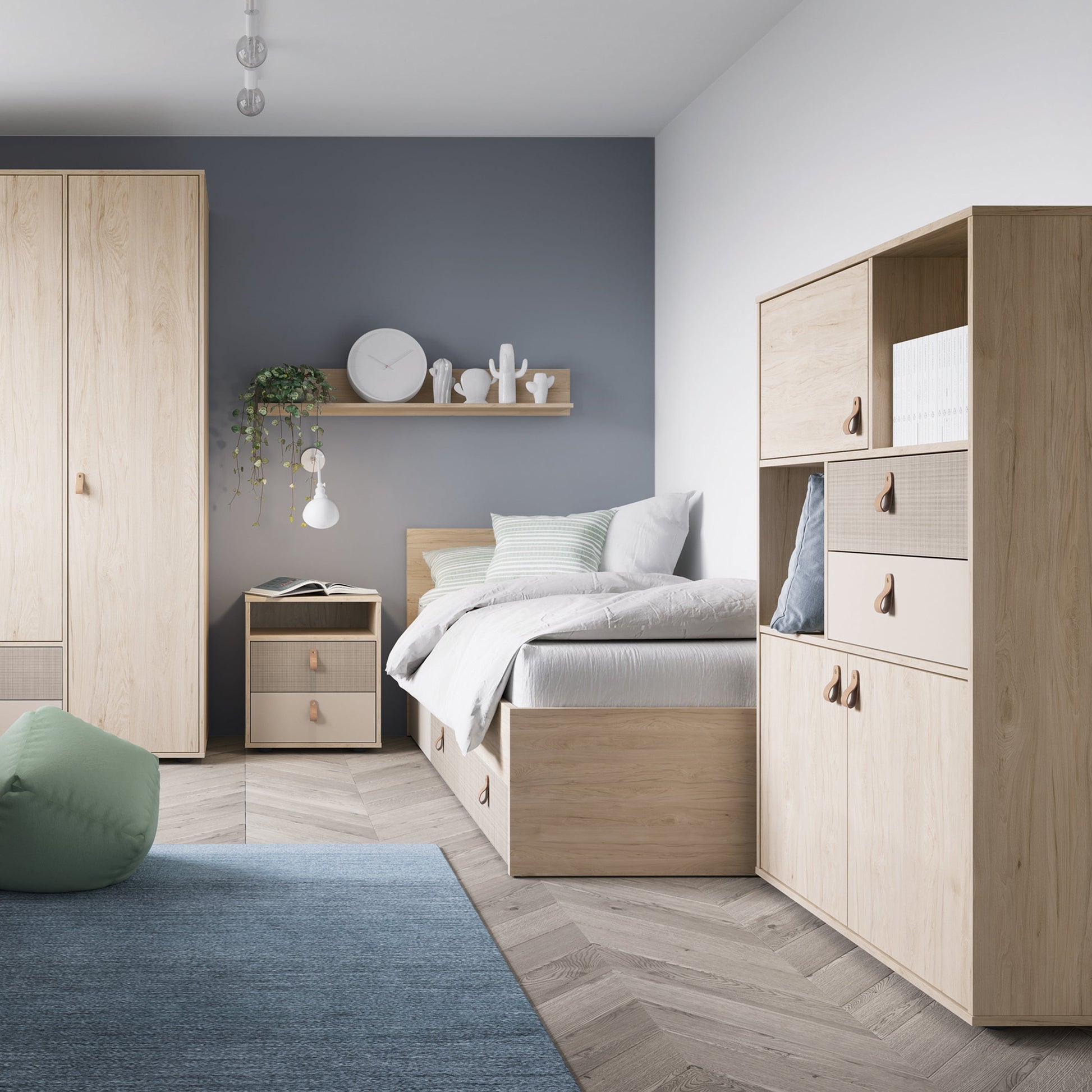 Cote | Furniture Denim Single Bed (90cm) with 1 Drawer in Grey Fabric - Light Walnut Denim, Beds 4476859