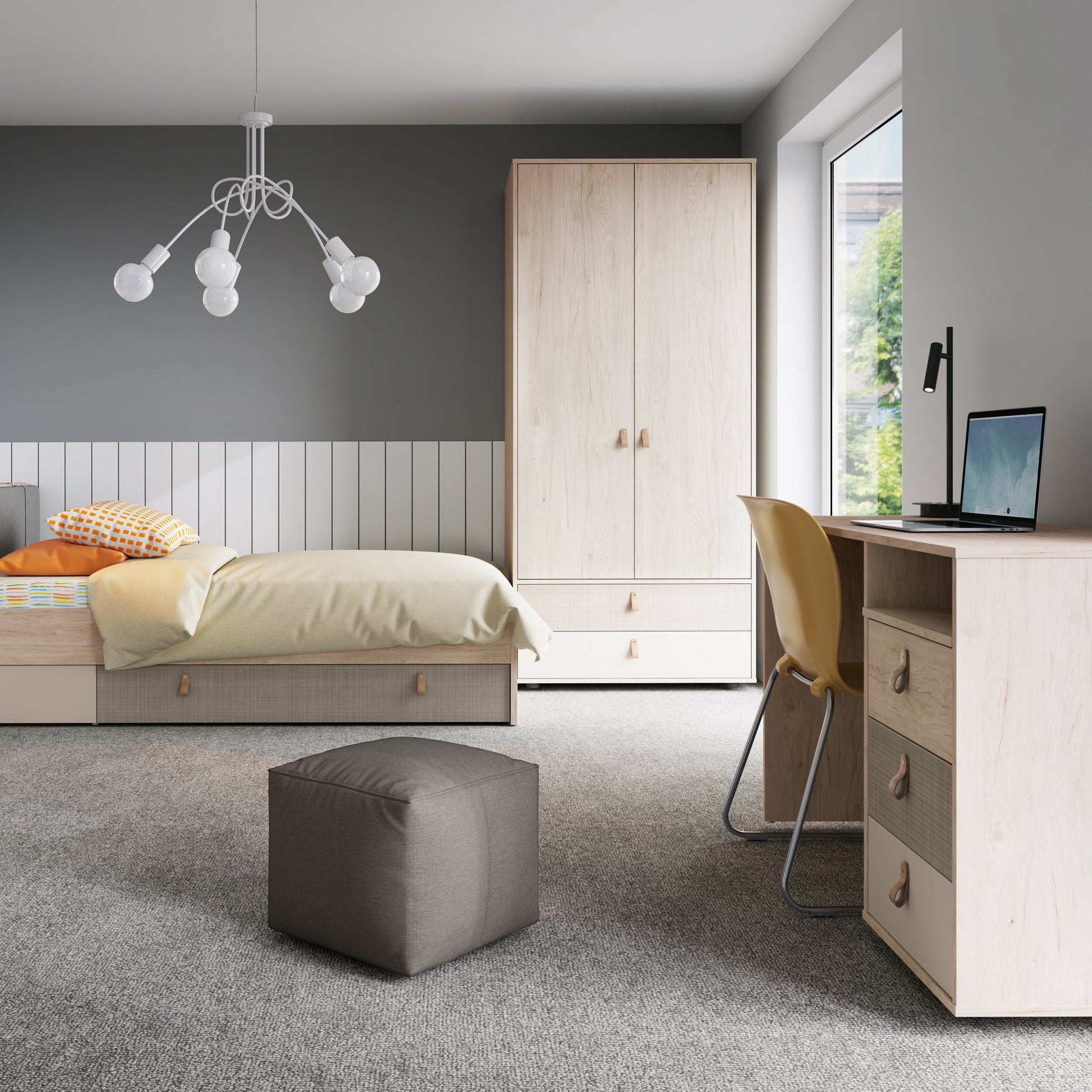 Cote | Furniture Denim Single Bed (90cm) with 1 Drawer in Grey Fabric - Light Walnut Denim, Beds 4476859