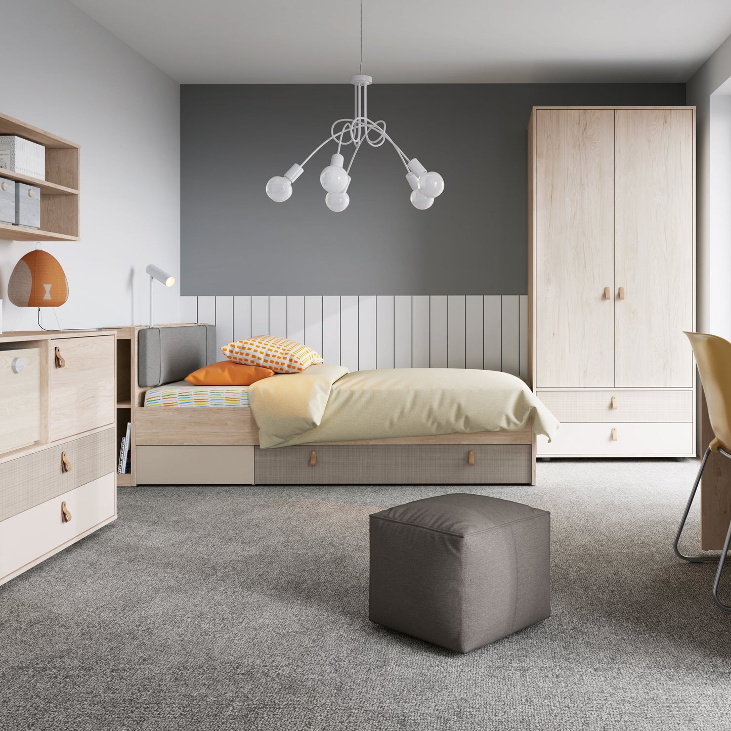 Cote | Furniture Denim Queen Bed (120cm) with 1 Drawer in Grey Fabric Effect  - Light Walnut Denim, Beds 4476959