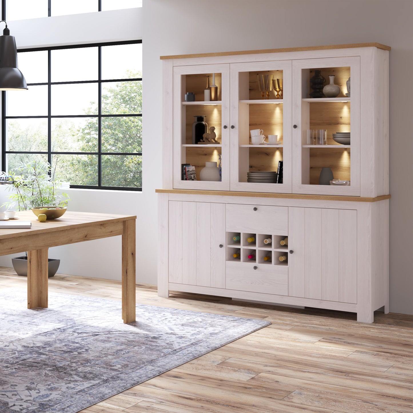 Cote | Furniture Celesto Sideboard 2 Door + 2 Drawer with 3 Door Display Cabinet Top (Inc. x6 LED Lights) - White & Oak Celesto, Sideboards 44818542p1