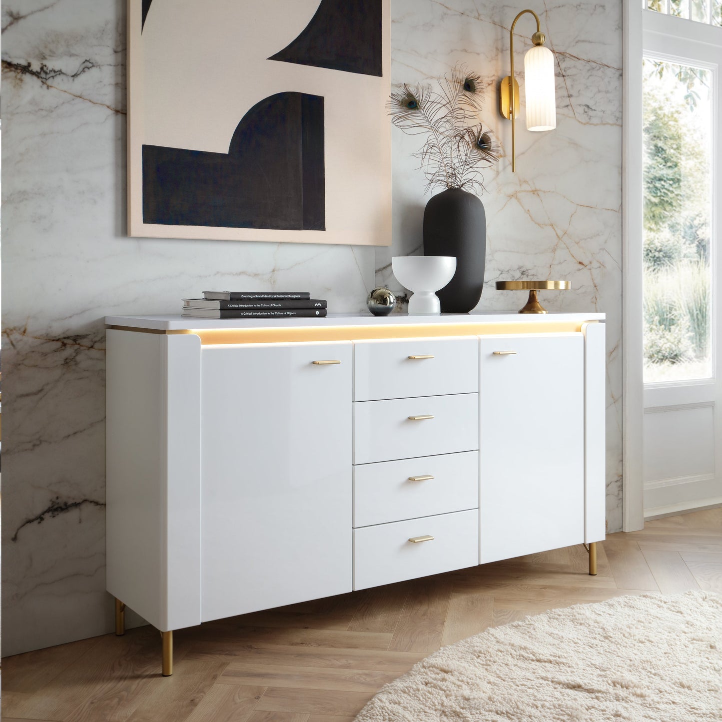 Cote | Furniture Lazio Sideboard, 2 Door + 4 Drawer - White & Gold Lazio, Sideboards 4W617681