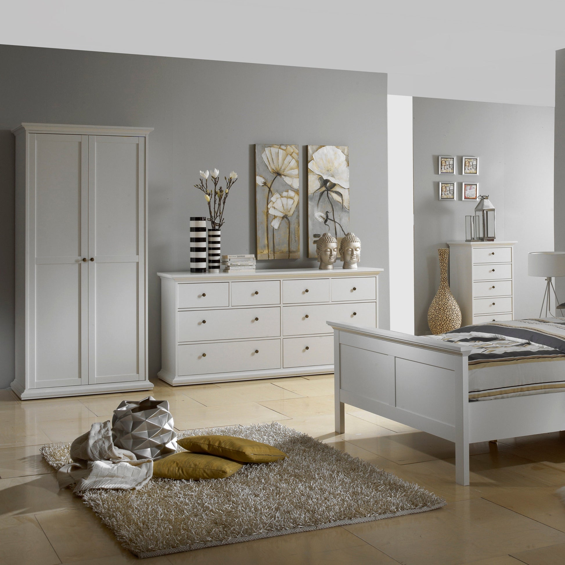 Cote | Furniture Paris 3 Piece Bedroom Set - Bedside Table, Chest and 2 Door Wardrobe - White Paris, BUNDLE 7014949p1