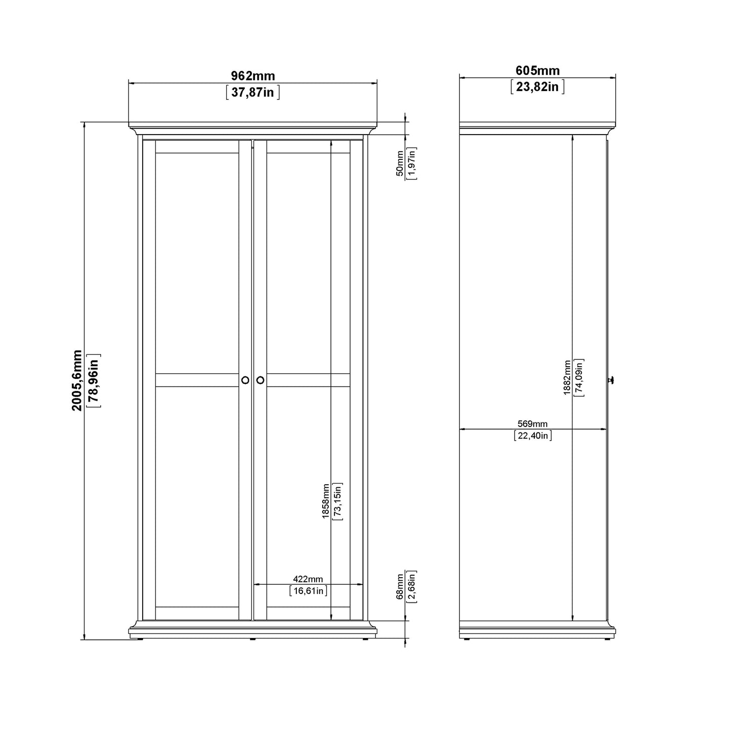 Cote | Furniture Paris 3 Piece Bedroom Set - Bedside Table, Chest and 2 Door Wardrobe - White Paris, BUNDLE 7014949p1