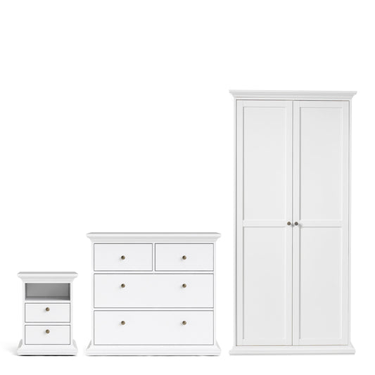 Cote | Furniture Paris 3 Piece Bedroom Set - Bedside Table, Chest and 2 Door Wardrobe - White Paris, BUNDLE 7014949p1