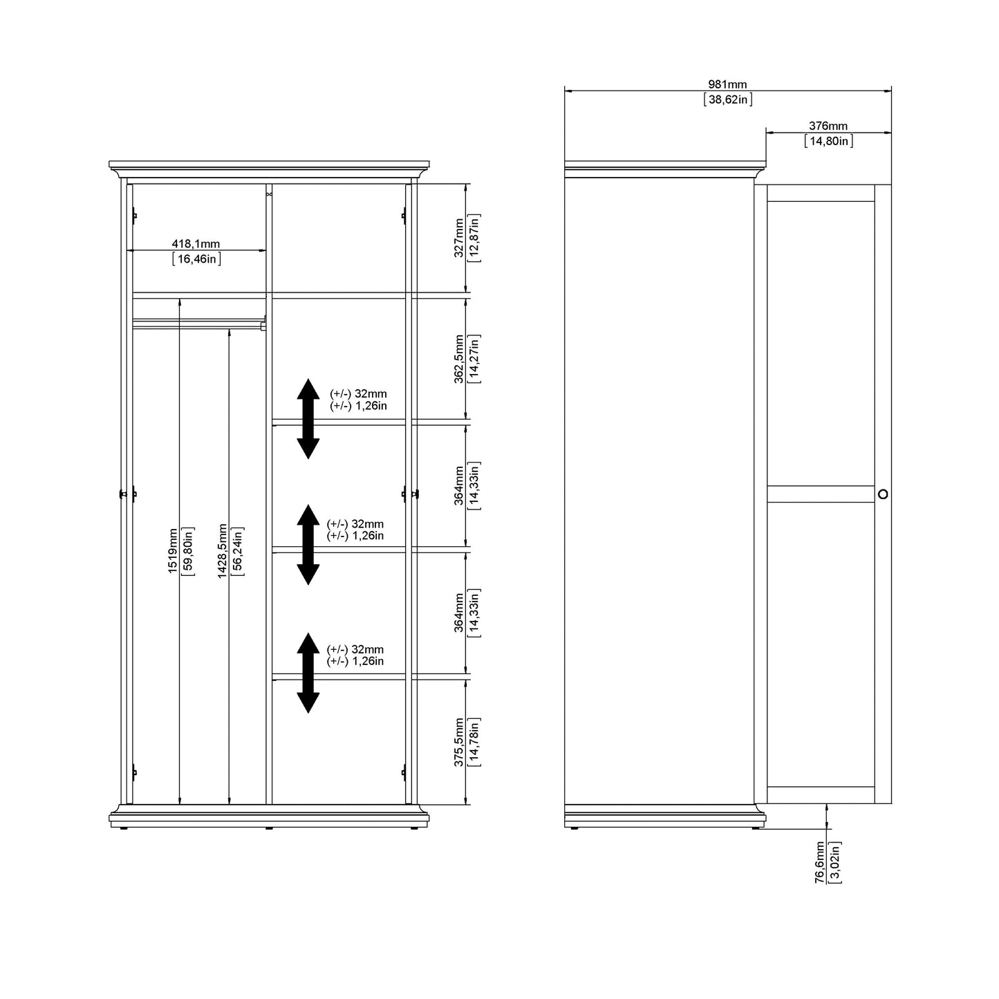 Cote Furniture |  Paris Wardrobe, 2 Door - Grey Paris, Wardrobes 70175352ig