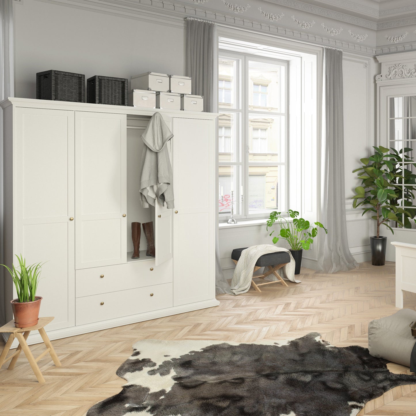 Cote | Furniture Paris Wardrobe, 4 Door + 2 Drawer - White Paris, Wardrobes 701753694949