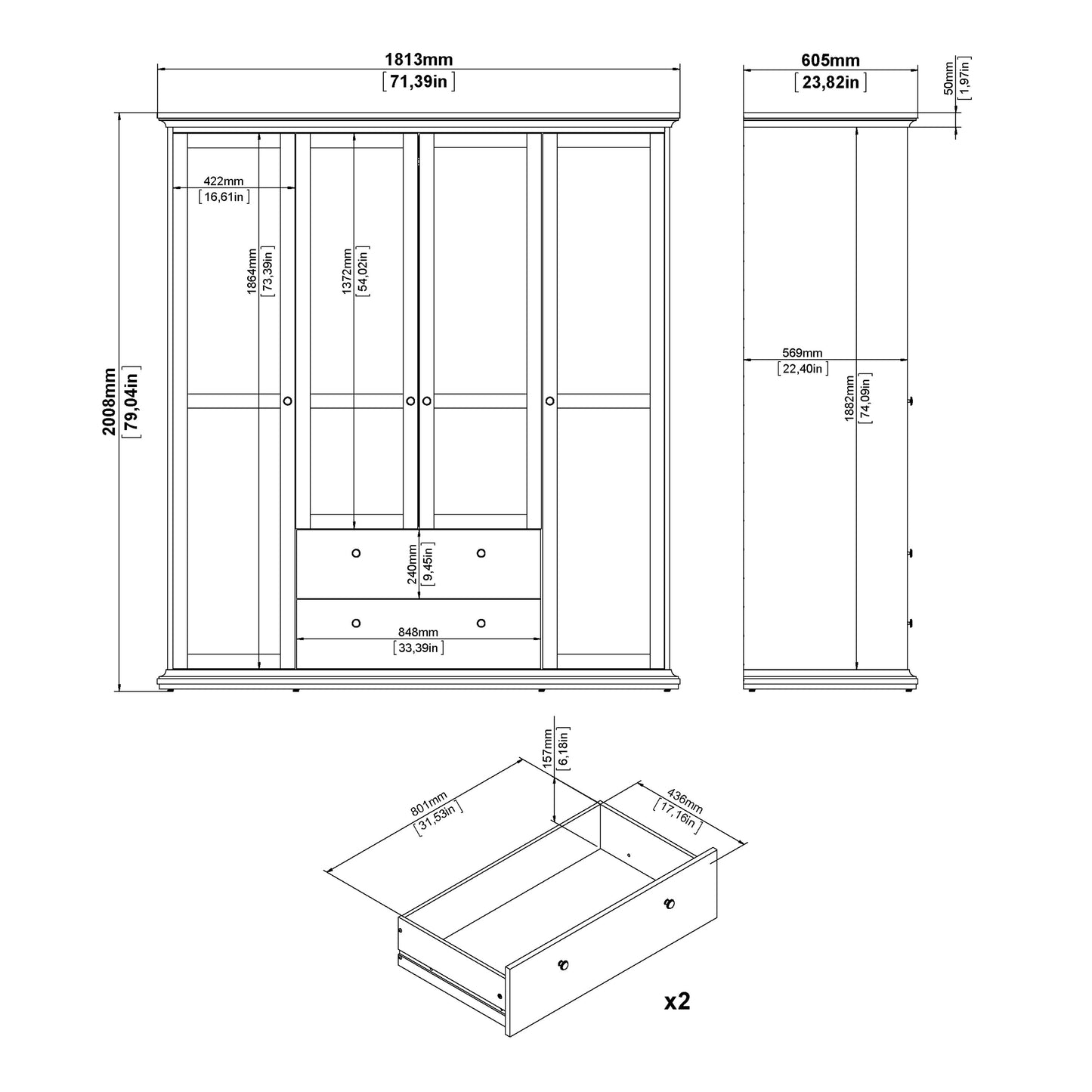 Cote | Furniture Paris Wardrobe, 4 Door + 2 Drawer - Grey Paris, Wardrobes 70175369igig