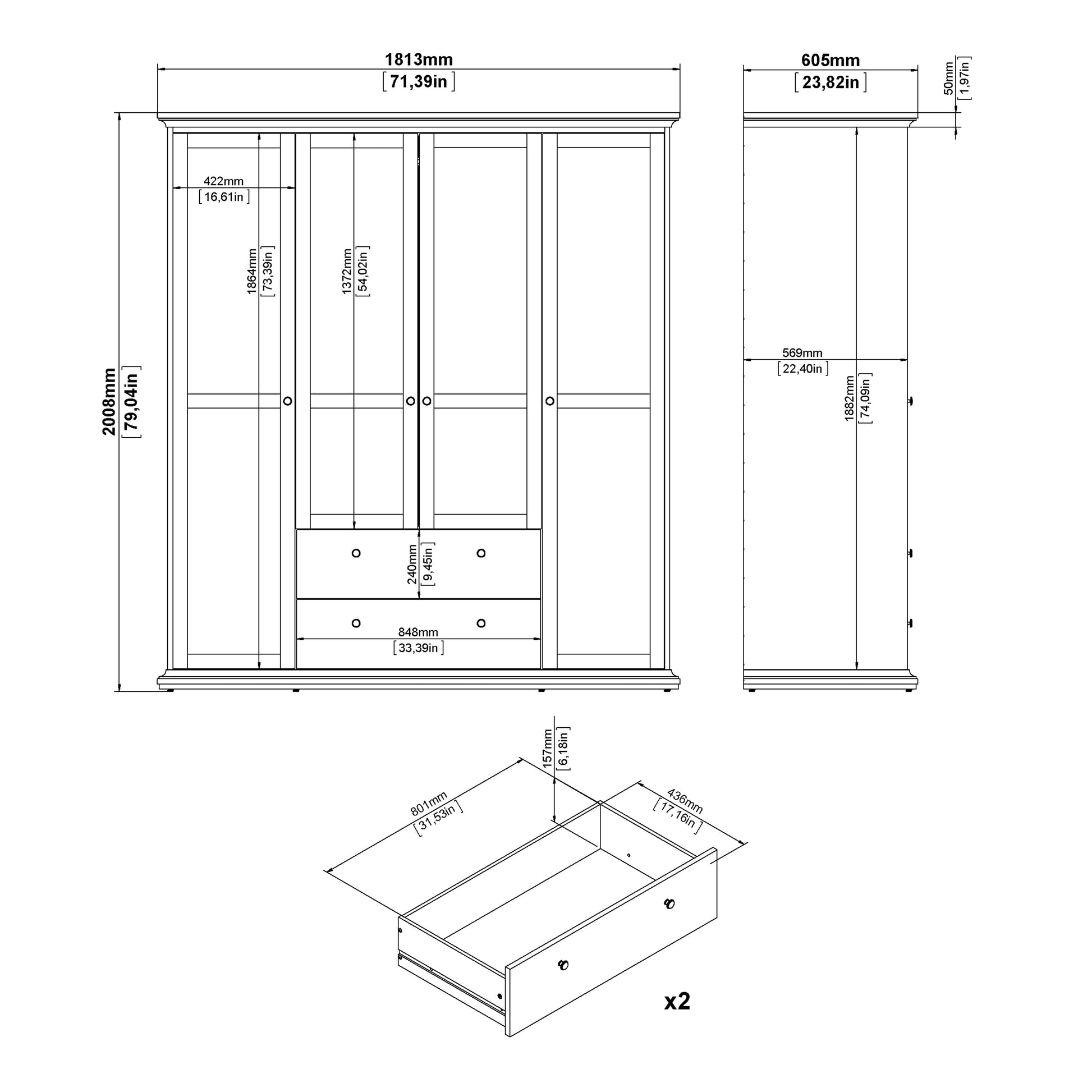 Cote | Furniture Paris Wardrobe, 4 Door + 2 Drawer - Grey Paris, Wardrobes 70175369igig