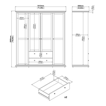 Cote | Furniture Paris Wardrobe, 4 Door + 2 Drawer - Grey Paris, Wardrobes 70175369igig