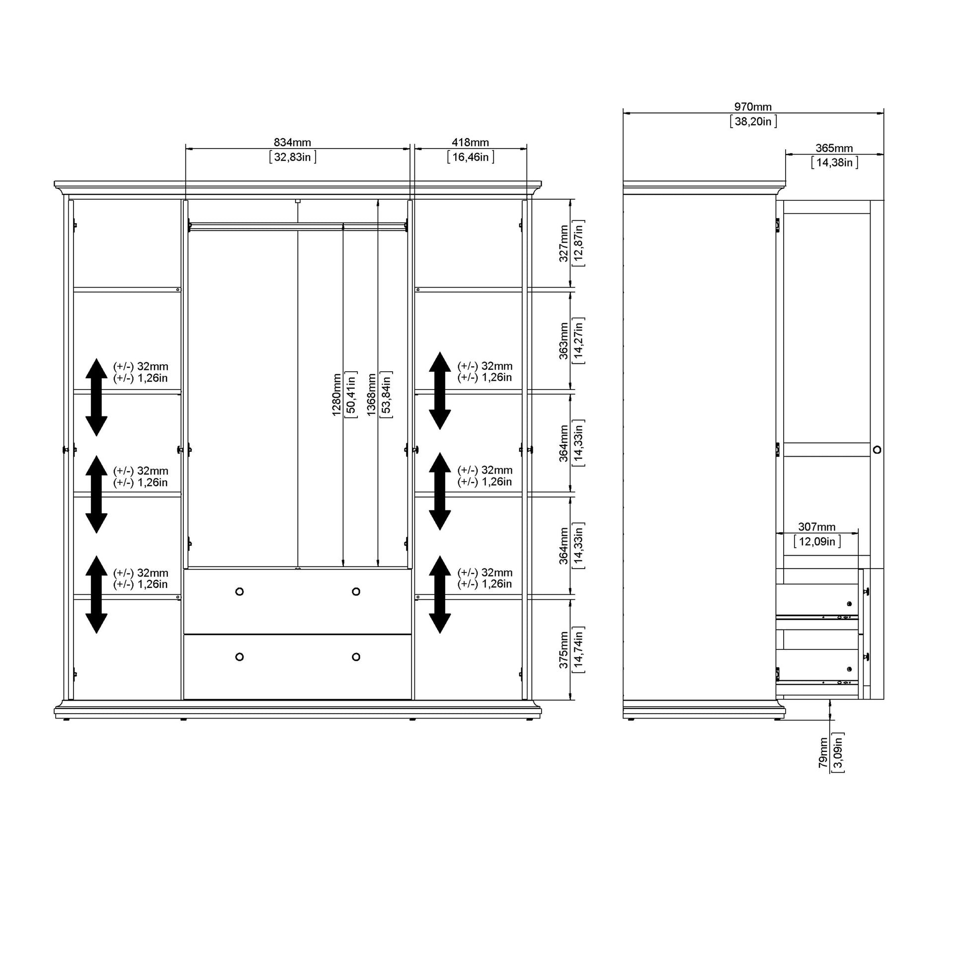 Cote | Furniture Paris Wardrobe, 4 Door + 2 Drawer - Grey Paris, Wardrobes 70175369igig