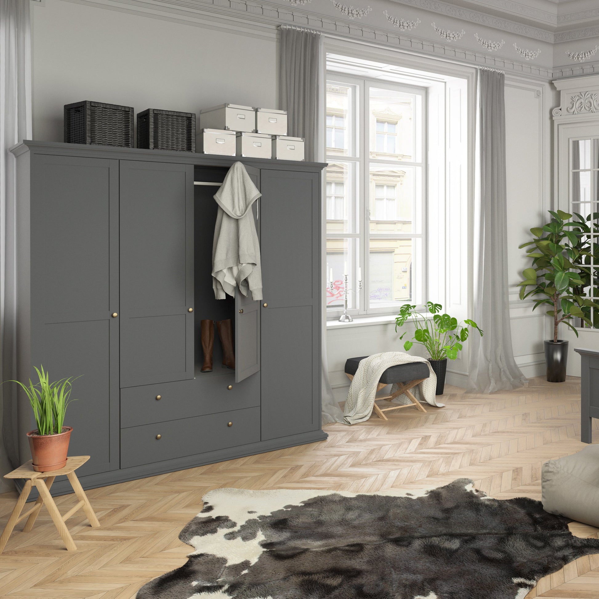 Cote | Furniture Paris Wardrobe, 4 Door + 2 Drawer - Grey Paris, Wardrobes 70175369igig