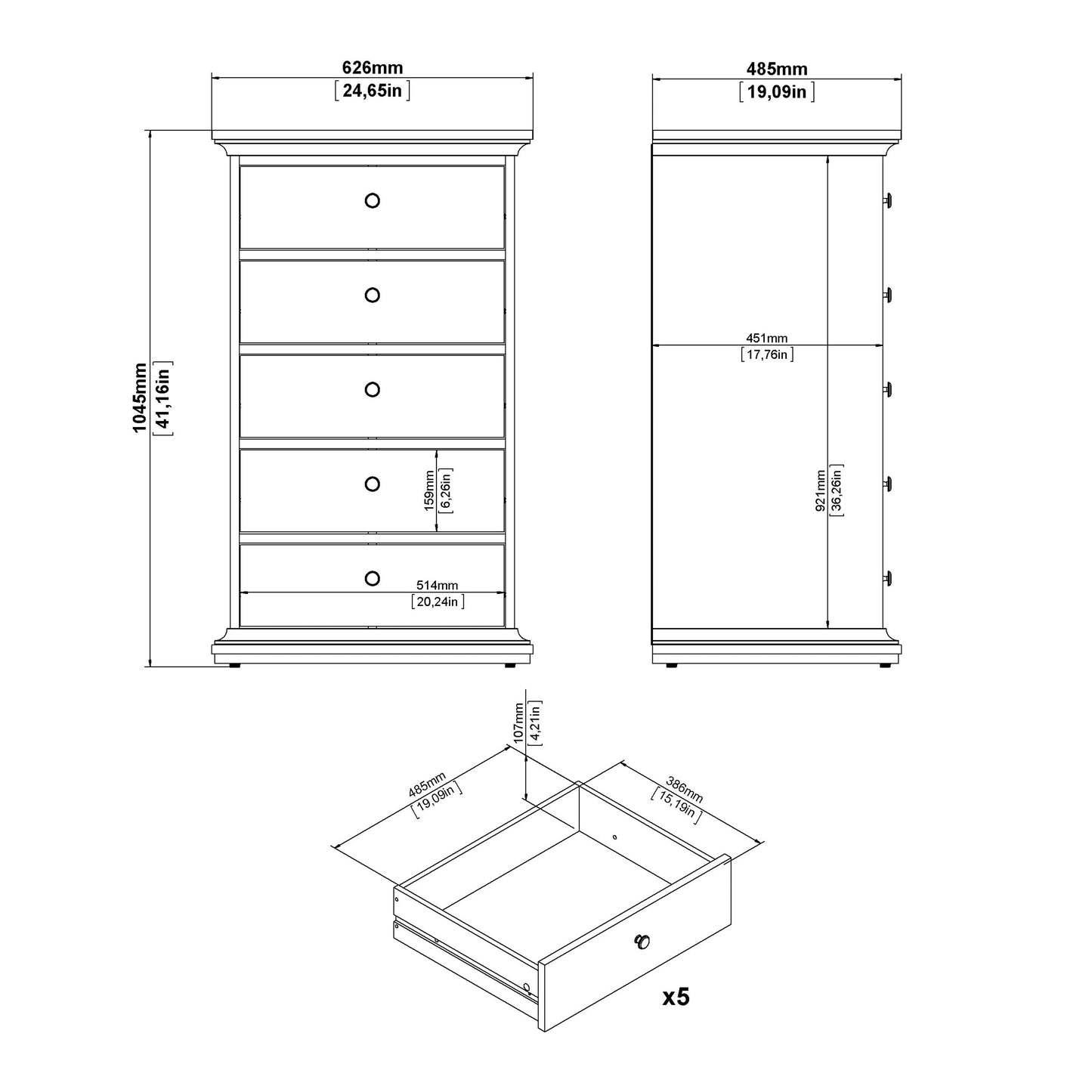 Cote | Furniture Paris Chest of Drawers, 5 Drawer - Grey Paris, Chest of Drawers 70176717igig