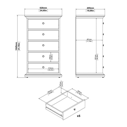 Cote | Furniture Paris Chest of Drawers, 5 Drawer - Grey Paris, Chest of Drawers 70176717igig