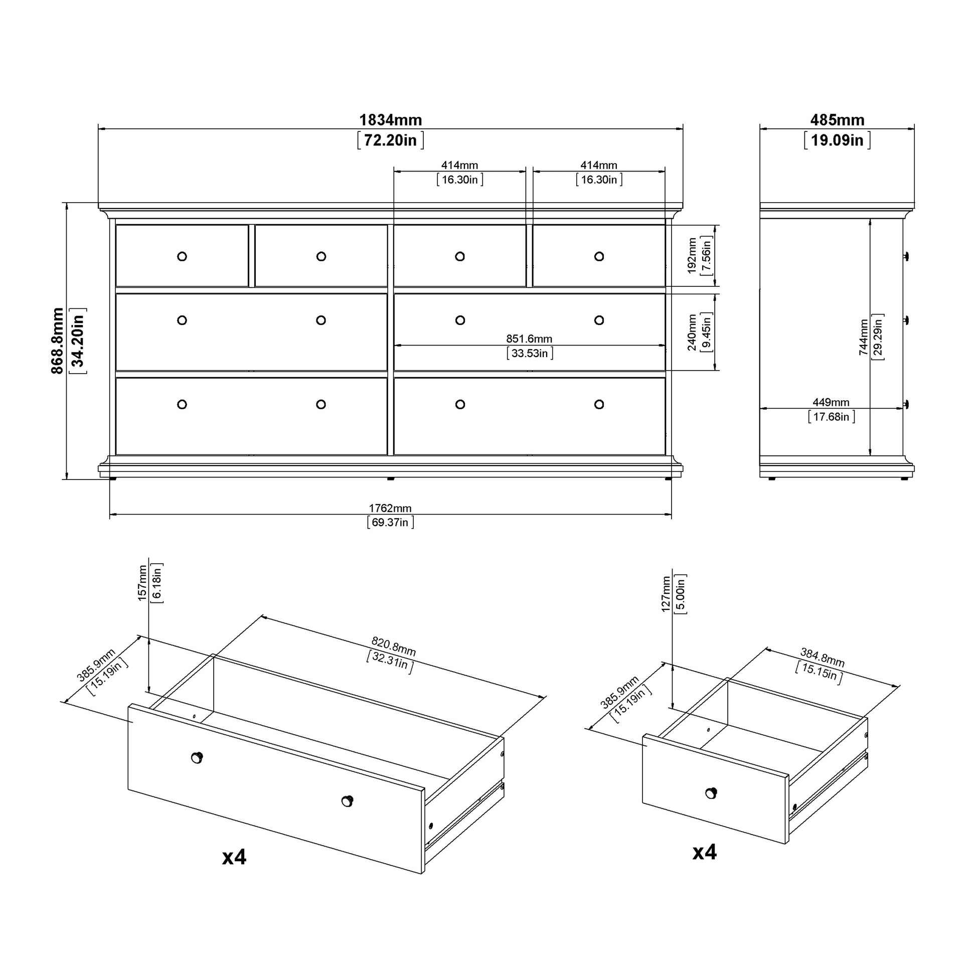 Cote | Furniture Paris Chest of Drawers, 8 Drawer - Grey Paris, Chest of Drawers 70176719igig