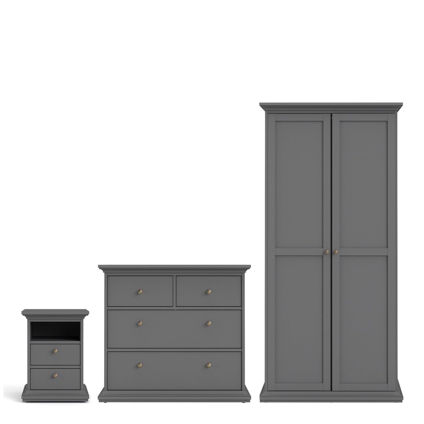 Cote | Furniture Paris 3 Piece Bedroom Set - Bedside Table, Chest and 2 Door Wardrobe - Grey Paris, BUNDLE 701igigp1