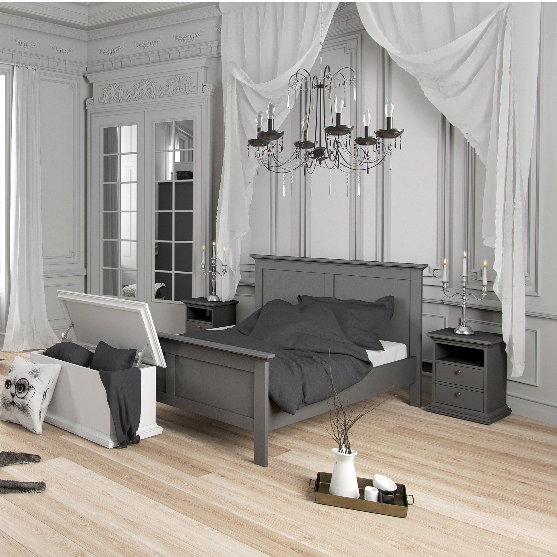 Cote | Furniture Paris 3 Piece Bedroom Set - Bedside Table, Chest and 2 Door Wardrobe - Grey Paris, BUNDLE 701igigp1