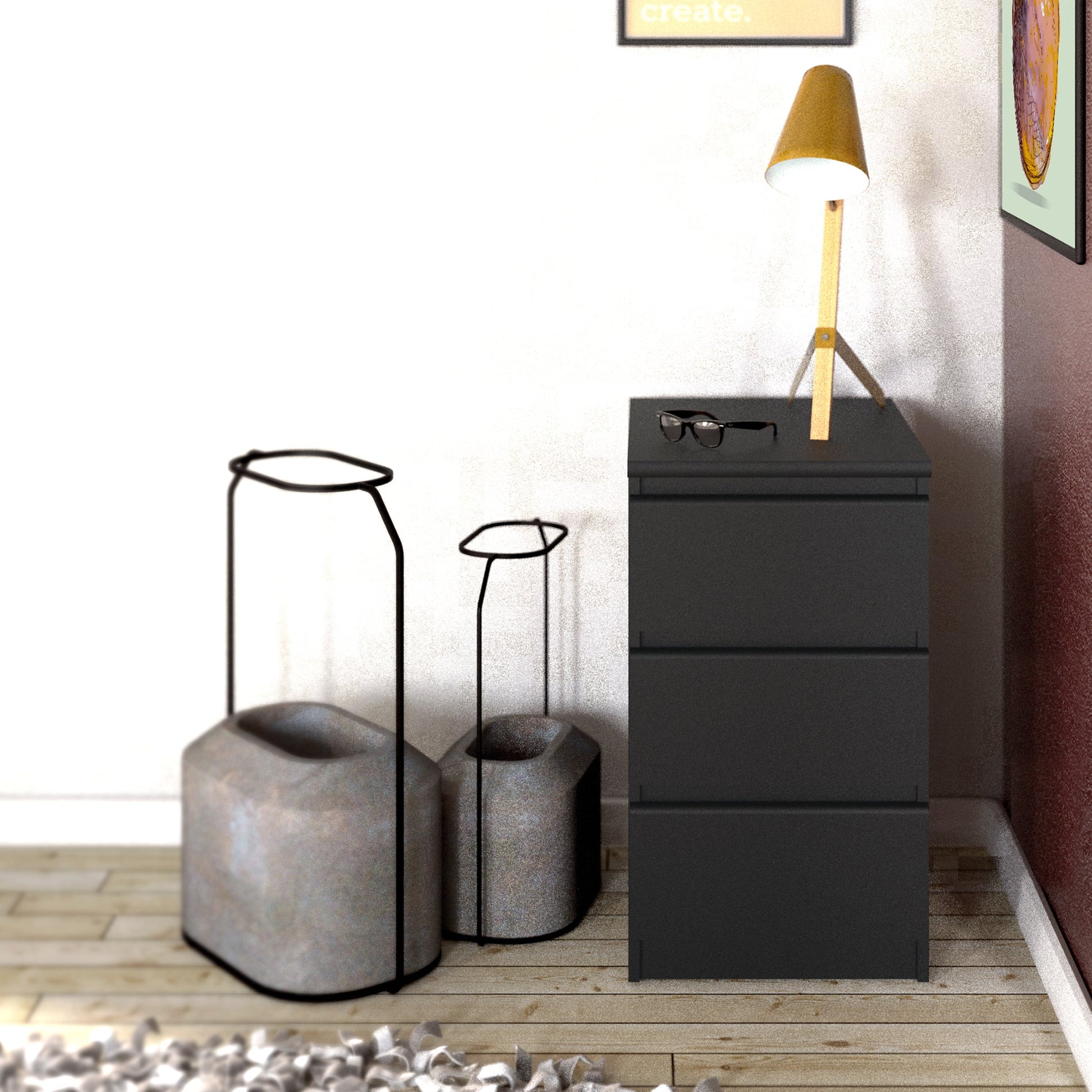 Cote | Furniture Naia Bedside Table, 3 Drawer - Black Naia, Bedside Tables 70271078gm