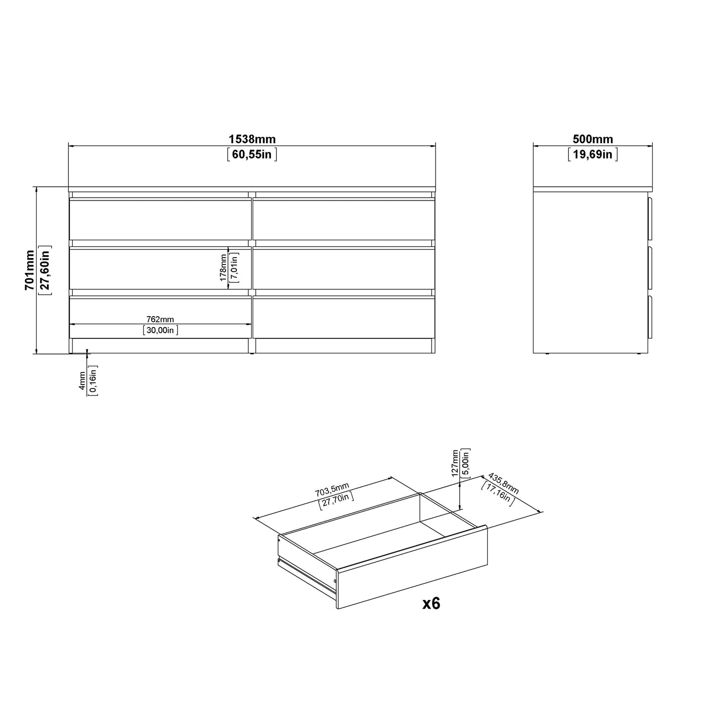 Cote | Furniture Naia Chest of Drawers, Wide 6 Drawer (3+3) - White Naia, Chest of Drawers 7027623249