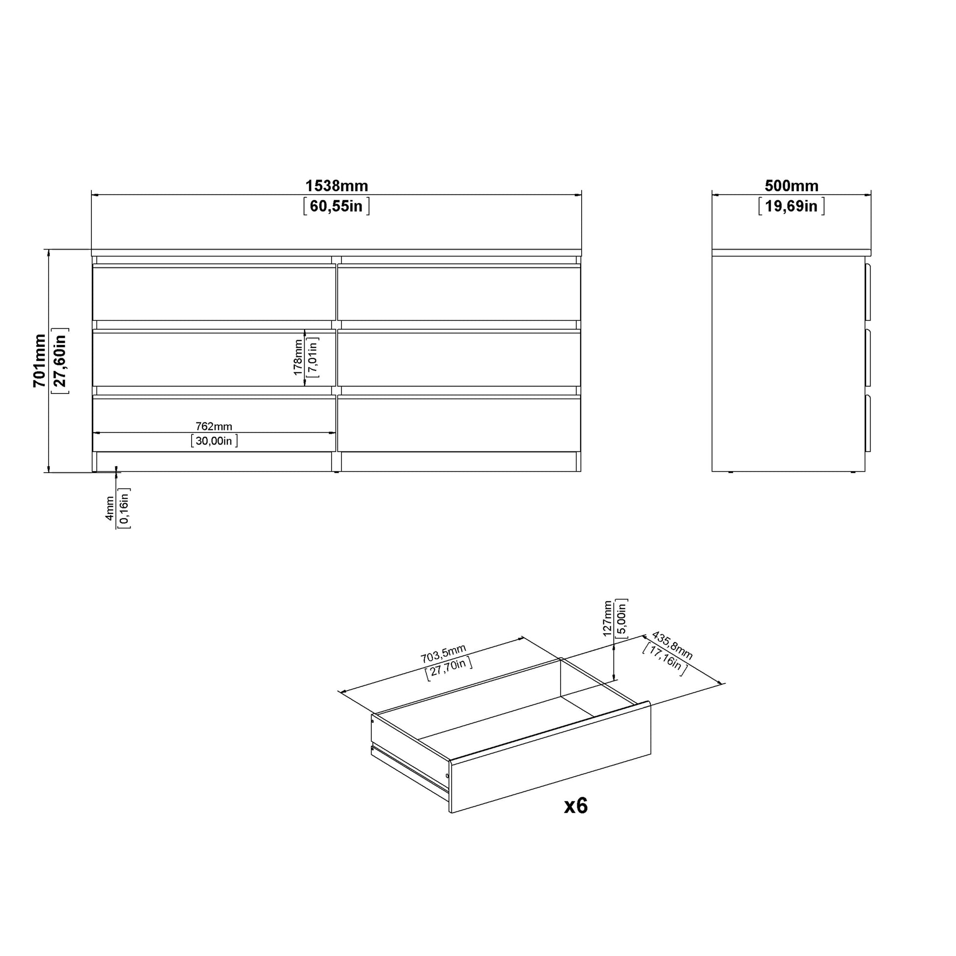 Cote | Furniture Naia Chest of Drawers, Wide 6 Drawer (3+3) - White Naia, Chest of Drawers 7027623249