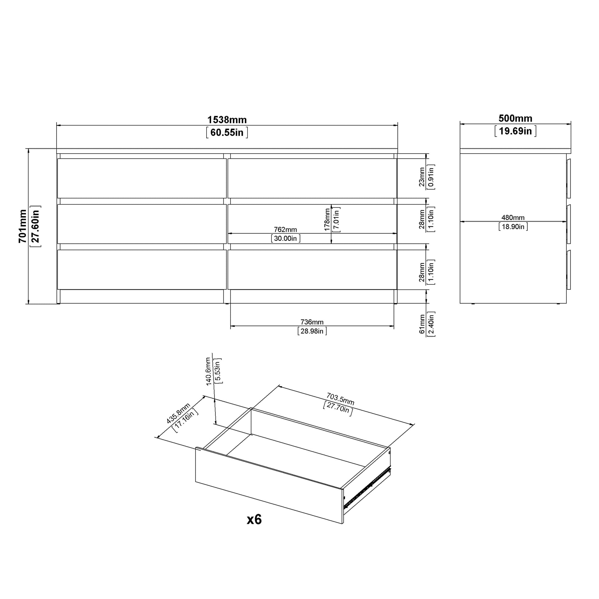 Cote | Furniture Naia Chest of Drawers, Wide 6 Drawer (3+3) - Oak Naia, Chest of Drawers 70276232hl