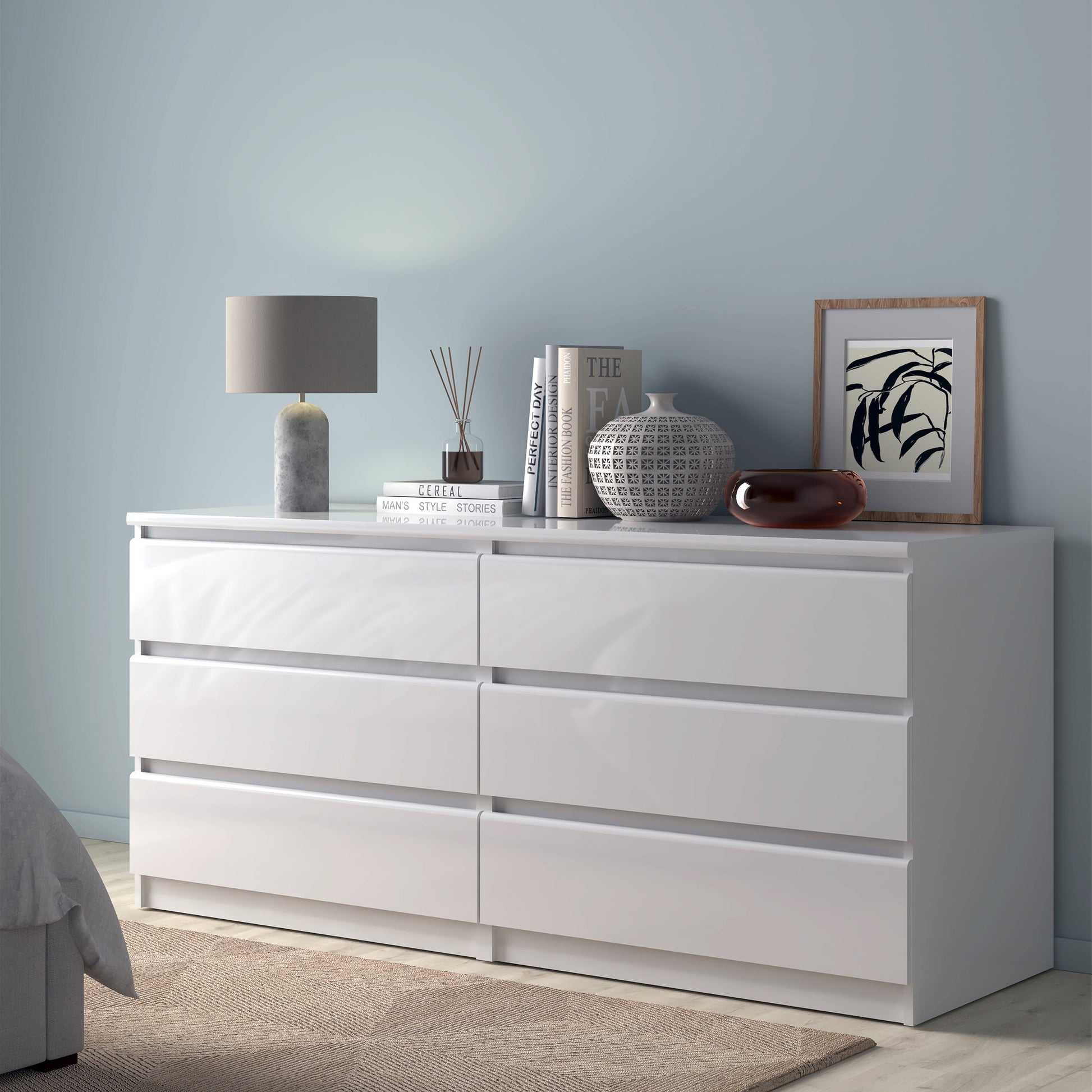 Cote | Furniture Naia Chest of Drawers, Wide 6 Drawer (3+3) - High Gloss White Naia, Chest of Drawers 70276232uu