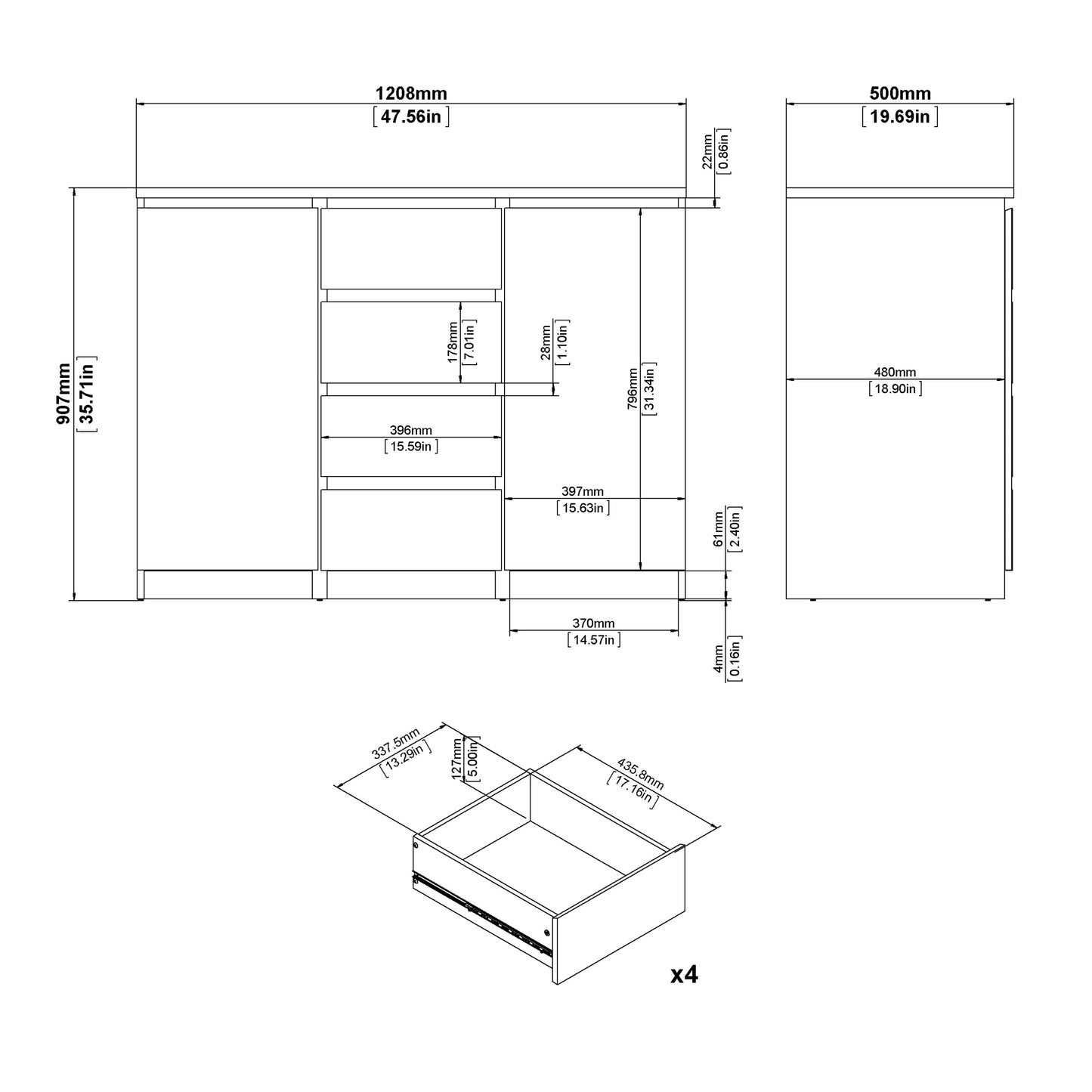 Cote | Furniture Naia Sideboard, 4 Drawer + 2 Doors - Oak Naia, Sideboards 70276236hl