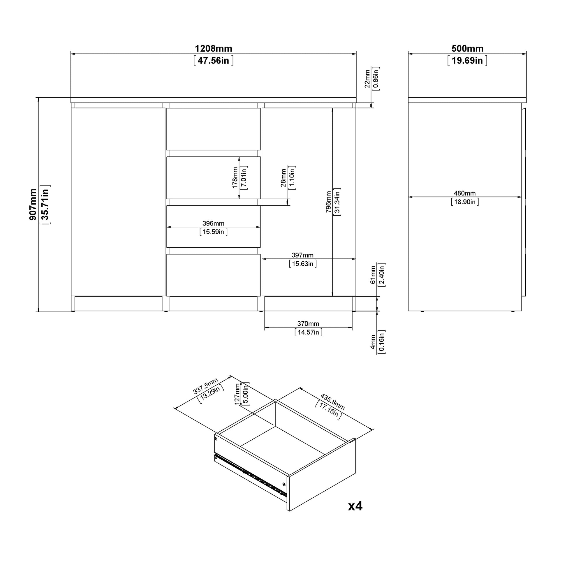 Cote | Furniture Naia Sideboard, 4 Drawer + 2 Doors - Oak Naia, Sideboards 70276236hl