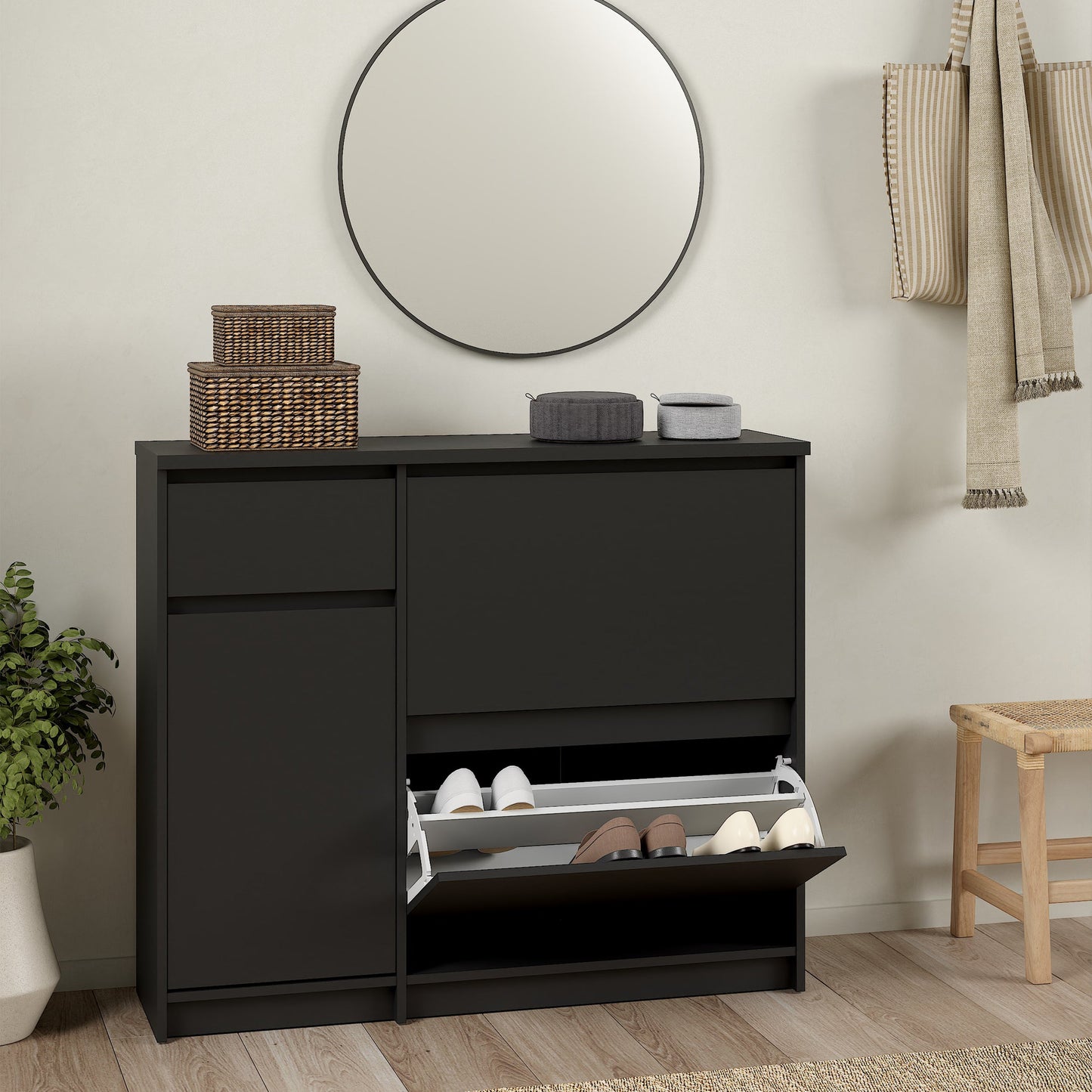 Cote | Furniture Naia Shoe Storage, 2 Compartments, 1 Door + 1 Drawer - Black Naia, Shoe Storage 70292206gmgm