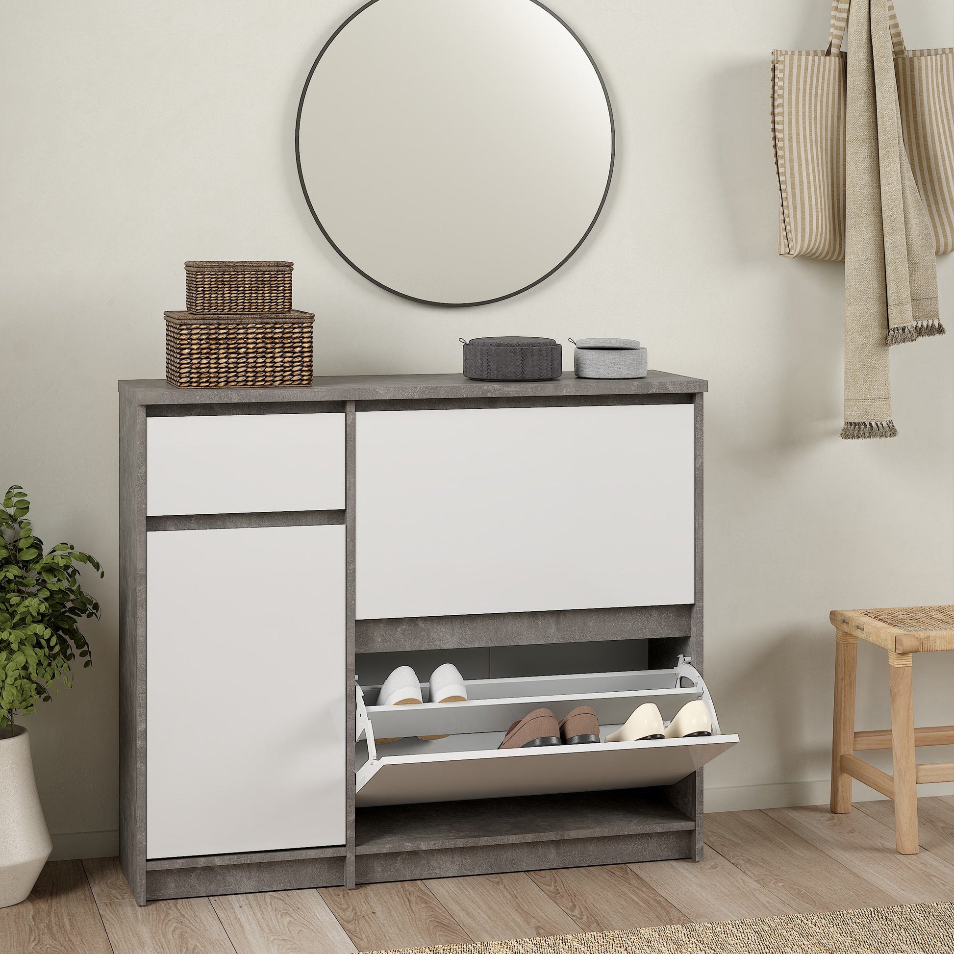 Cote | Furniture Naia Shoe Storage, 2 Compartments, 1 Door + 1 Drawer - Concrete Grey & White Naia, Shoe Storage 70292206gxuu