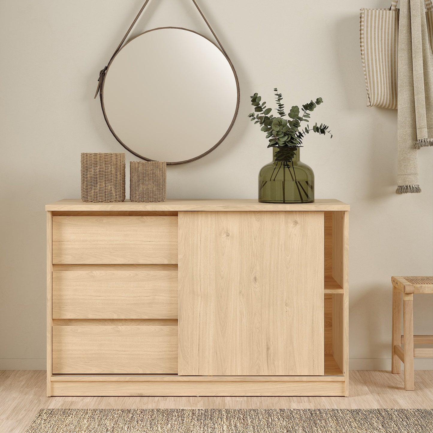 Cote | Furniture Naia Storage Cabinet, 1 Sliding Door + 3 Drawer - Oak Naia, Cupboards 70292207hlhl