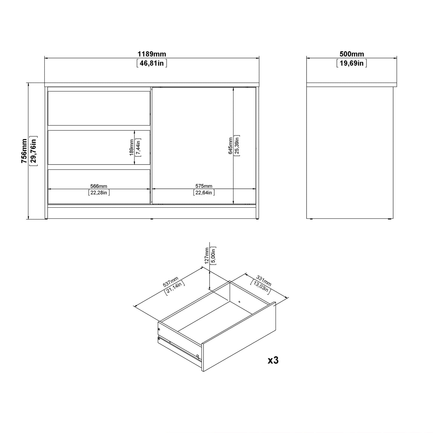 Cote | Furniture Naia Storage Cabinet, 1 Sliding Door + 3 Drawer - Oak Naia, Cupboards 70292207hlhl