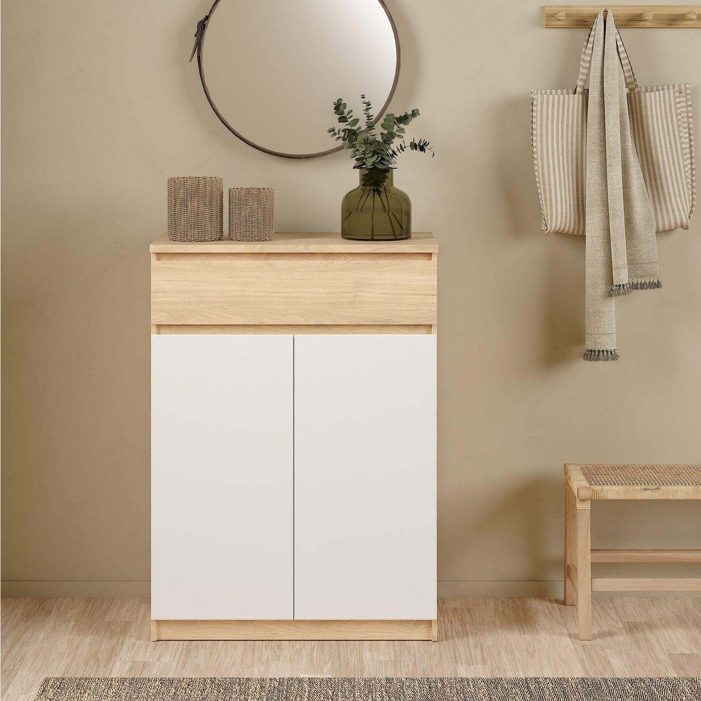 Cote | Furniture Naia Shoe Storage, 2 Doors +1 Drawer - Oak & White Naia, Shoe Storage 70292209hl49