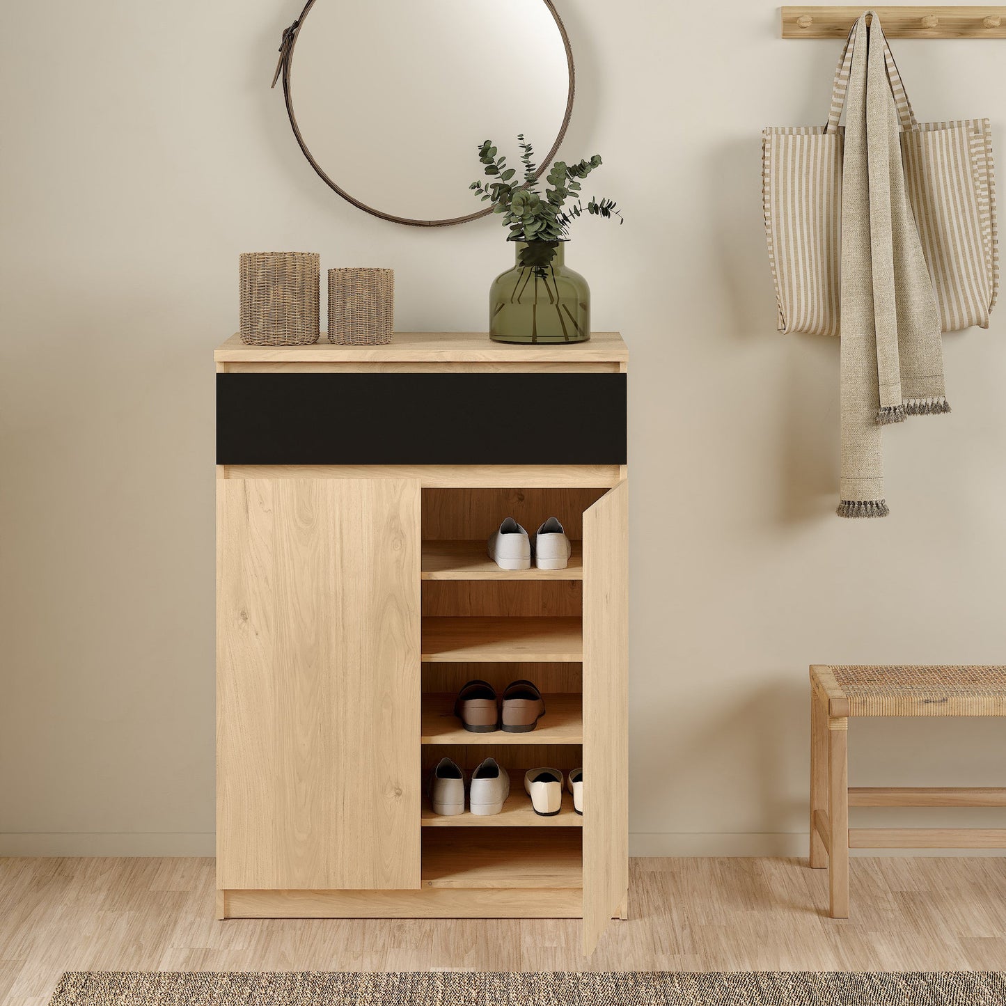 Cote | Furniture Naia Shoe Storage, 2 Doors +1 Drawer - Oak & Black Naia, Shoe Storage 70292209hlgm