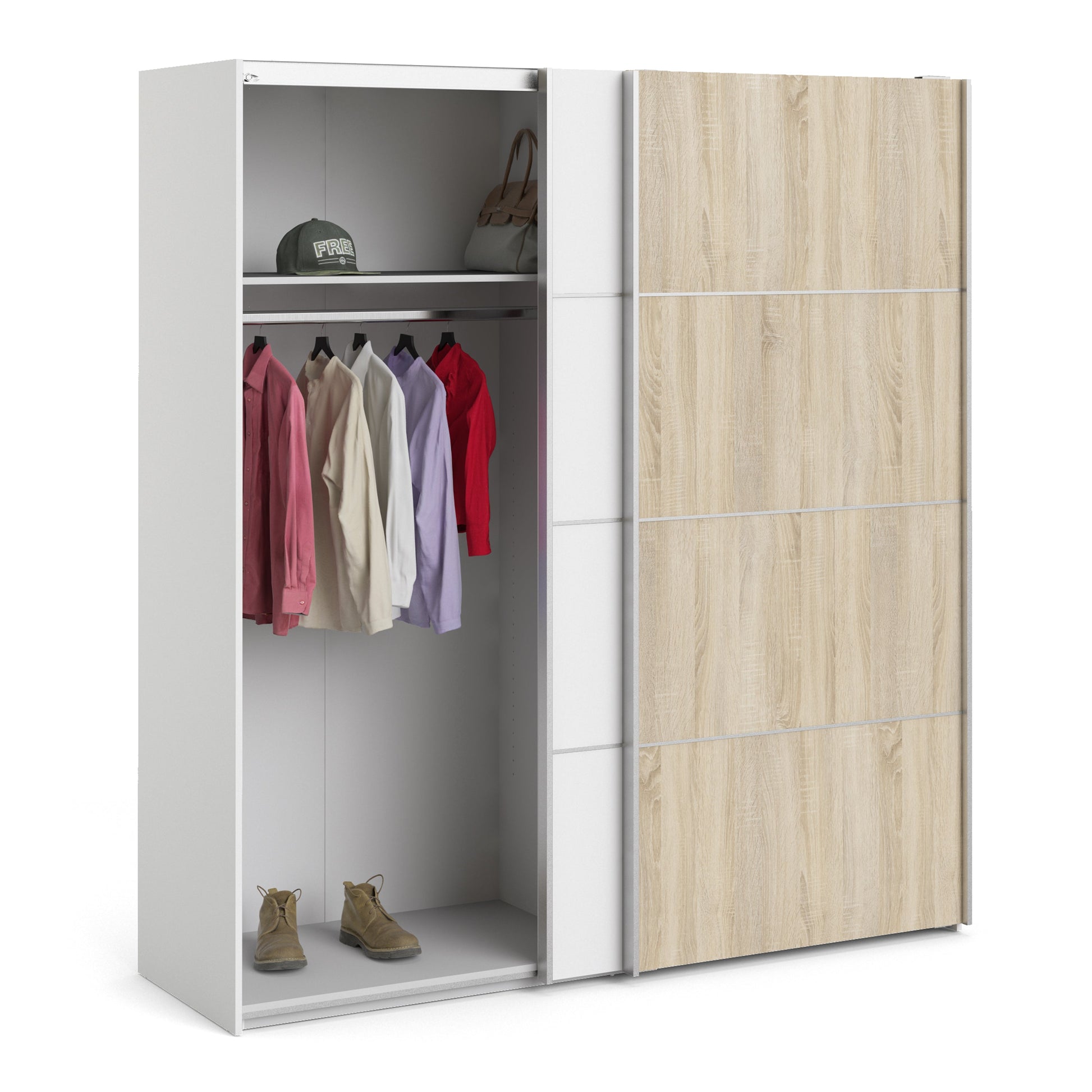 Cote | Furniture Verona Wardrobe, Sliding Doors + 5 Shelves (180cm) - White & White with Oak Doors Verona, Wardrobes 7037528228