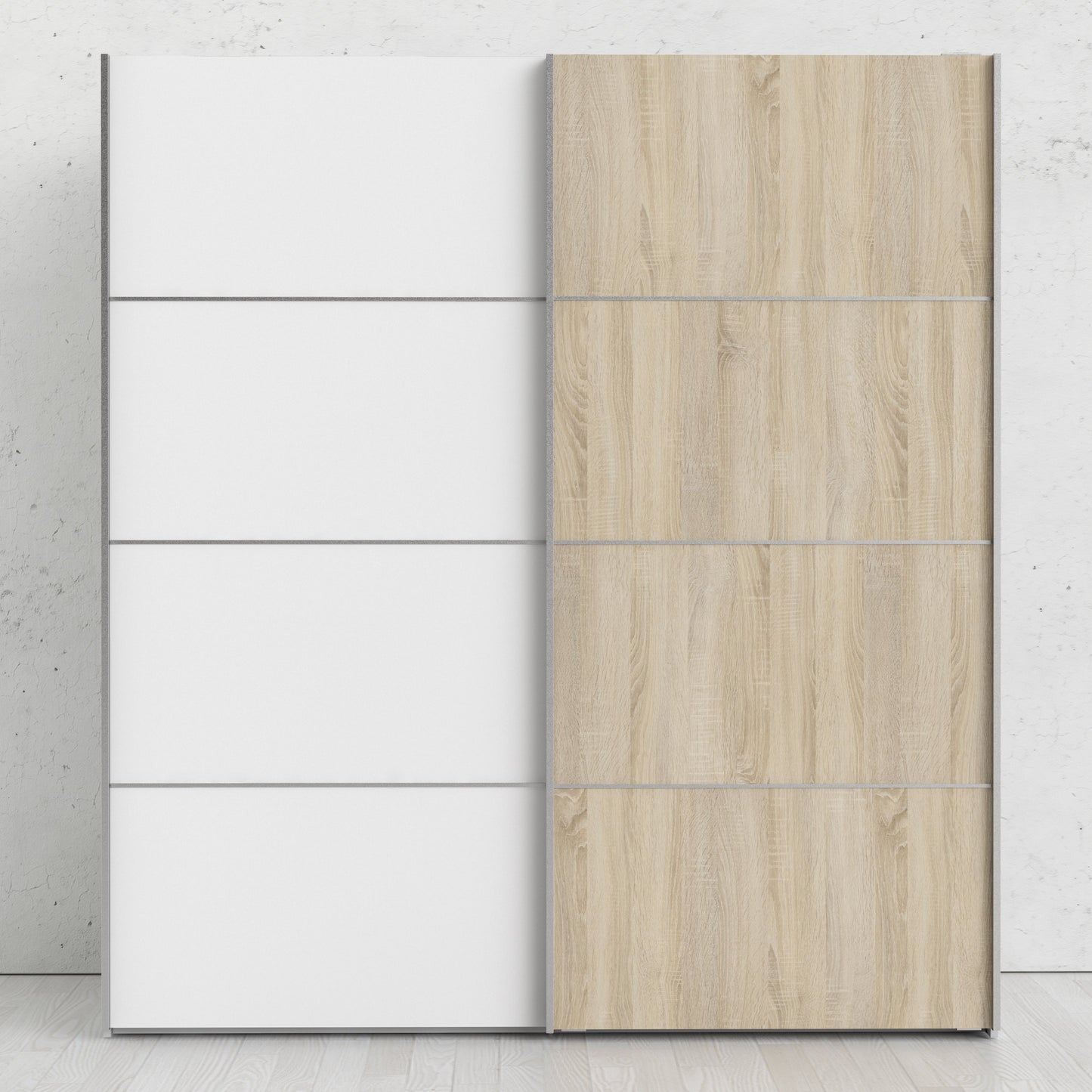 Cote | Furniture Verona Wardrobe, Sliding Doors + 5 Shelves (180cm) - White & White with Oak Doors Verona, Wardrobes 7037528228