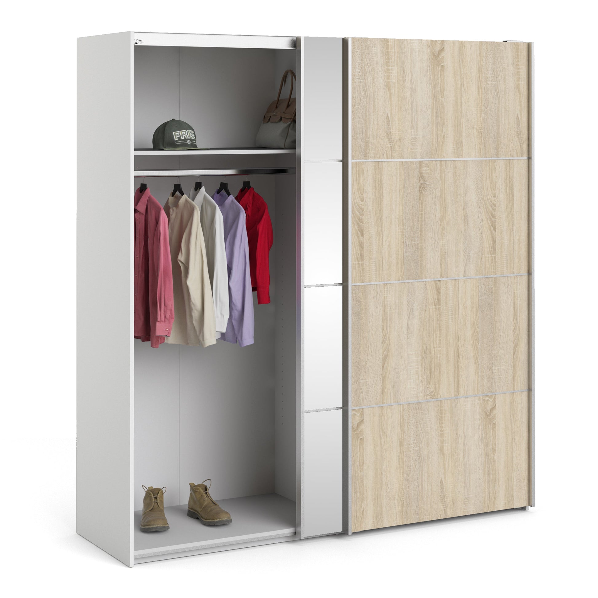 Cote | Furniture Verona Wardrobe, Sliding Doors + 5 Shelves (180cm) - Oak with Mirror Doors Verona, Wardrobes 7037528231