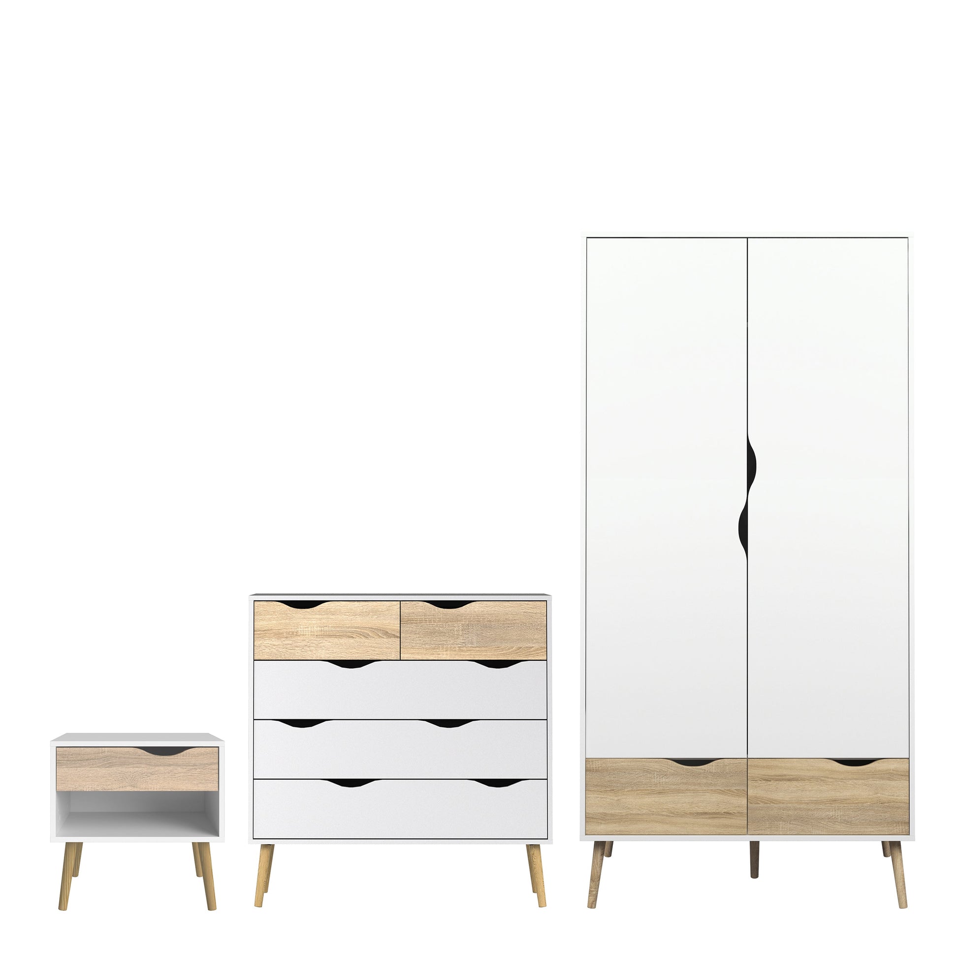 Cote | Furniture Oslo 3 Piece Bedroom Set - Bedside Table, Chest and 2 Door, 2 Drawers Wardrobe - White & Oak Oslo, BUNDLE 70449akp1